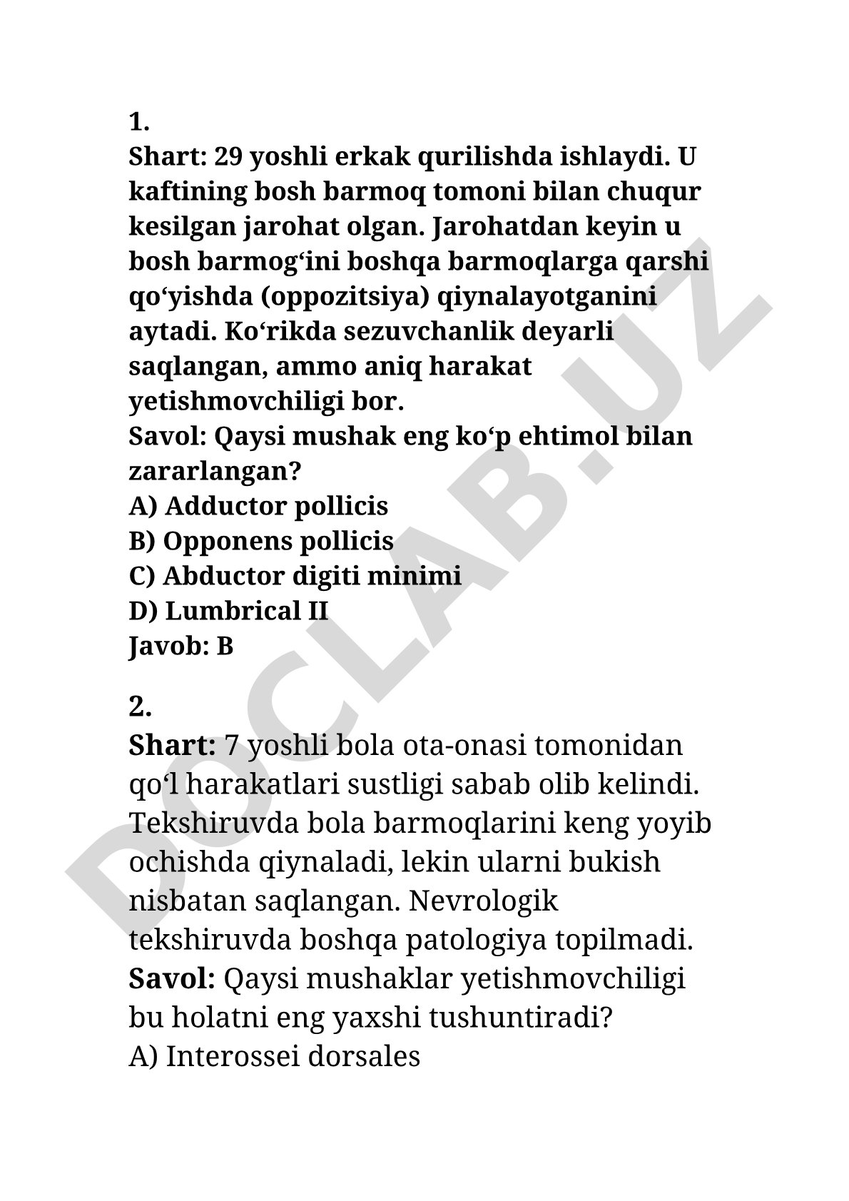 Qo'l mushaklari klinik test savollari