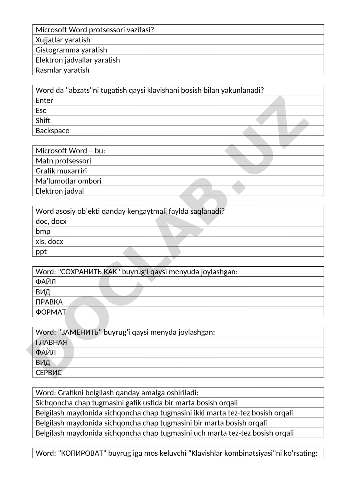 Microsoft Word bo'yicha test savollari
