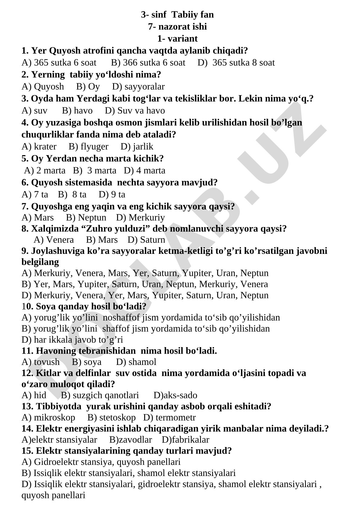 3-sinf Tabiiy fan 7-nazorat ishi 1-variant