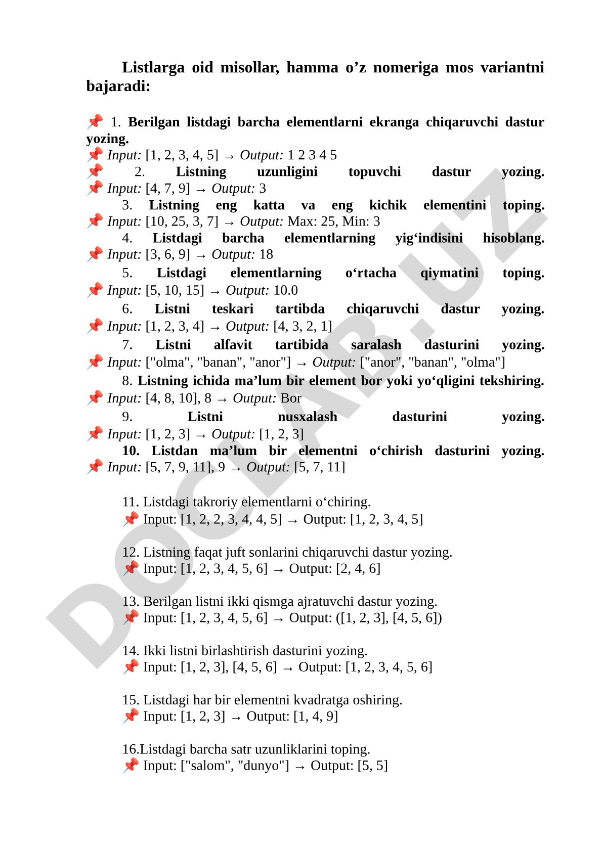List elementlari bilan ishlashga oid 12 ta dasturlash misollari