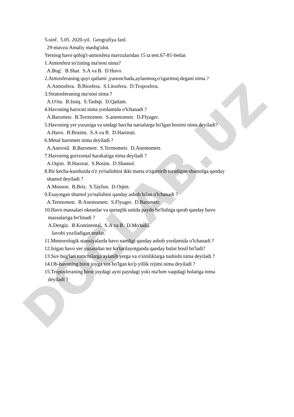 Yerning havo qobig'i-atmosfera mavzusidan 15 ta test
