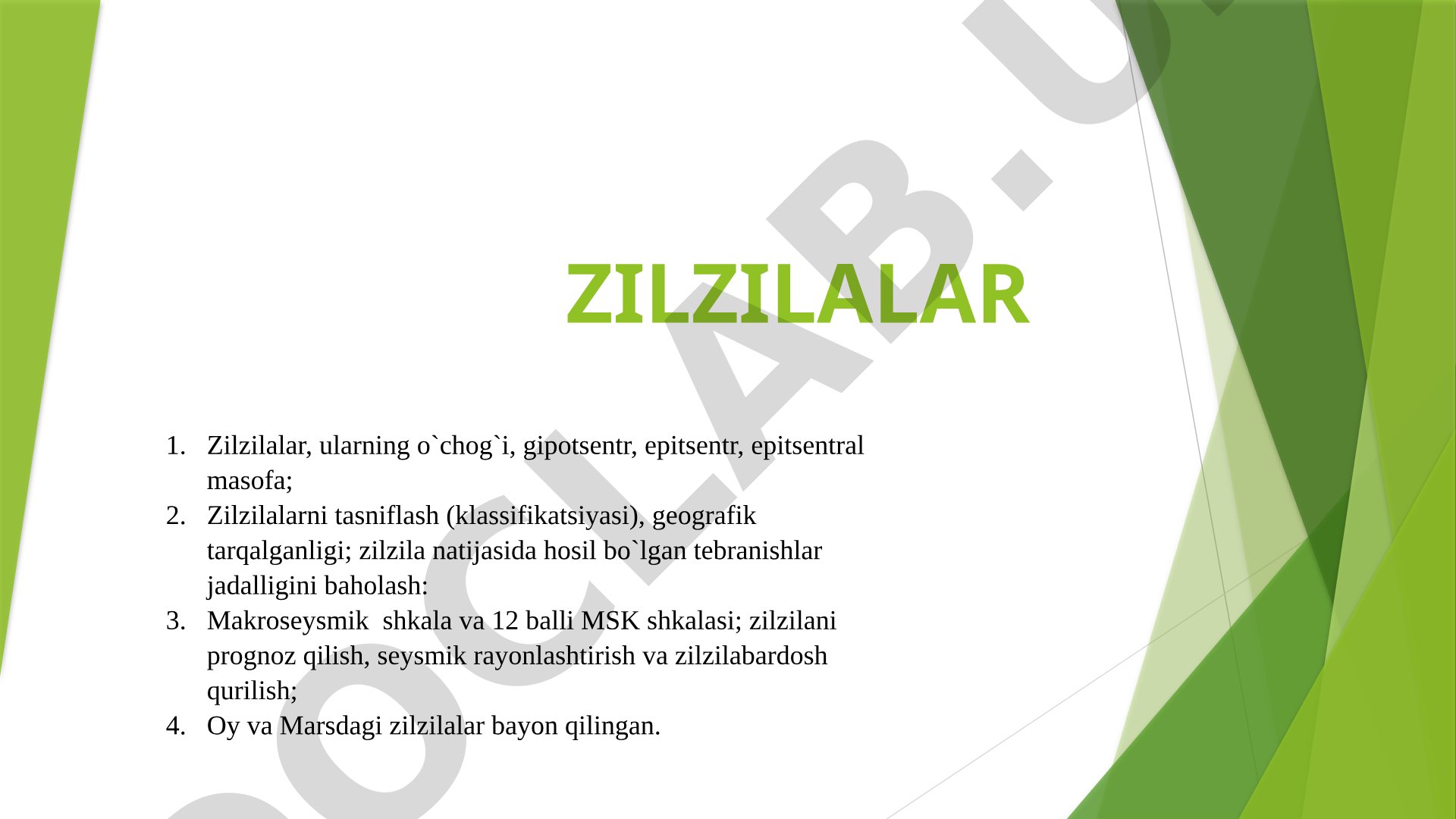 Zilzilalar, ularning o'chog'i, epitsentr, tasnifi, MSK shkalasi va prognoz