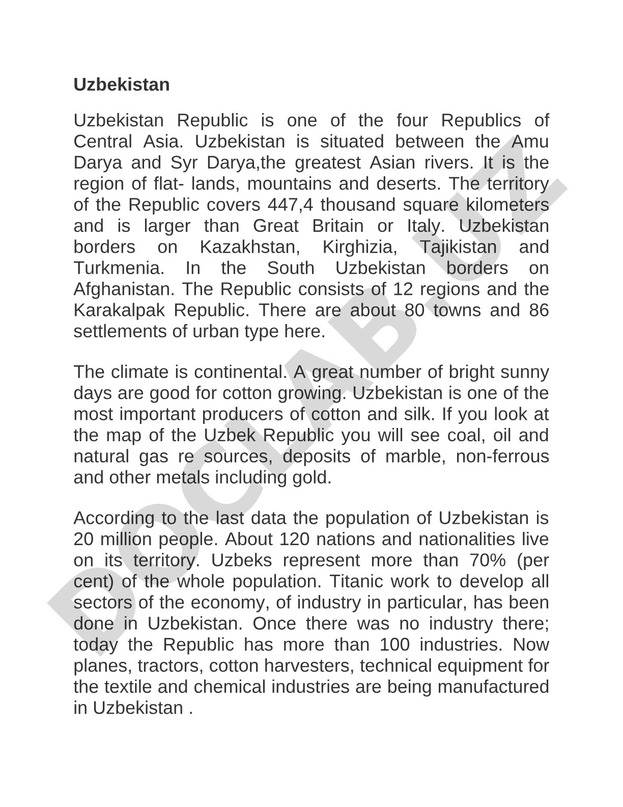 Uzbekistan: geography, economy, natural resources and population