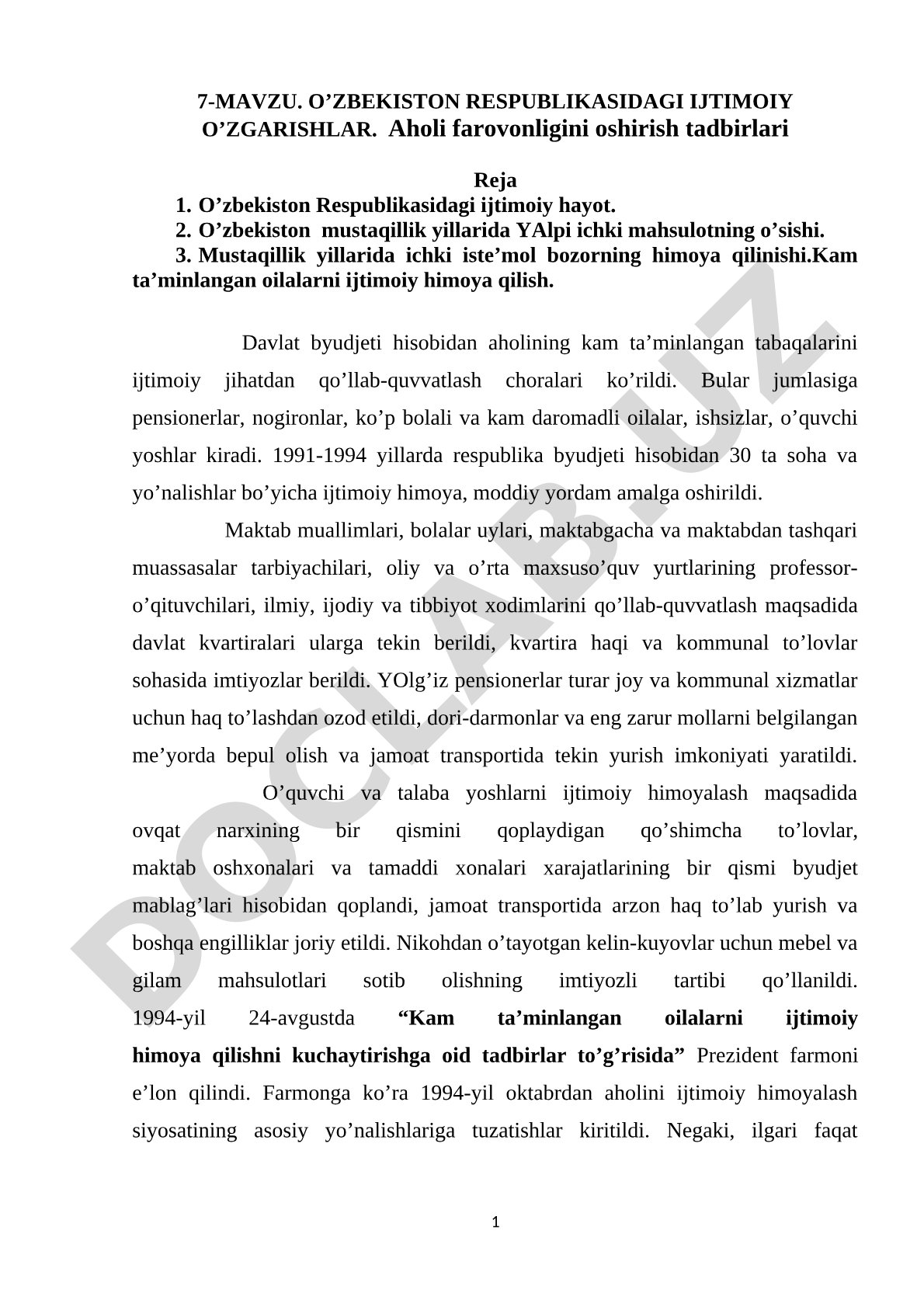 O’ZBEKISTON RESPUBLIKASIDAGI IJTIMOIY O’ZGARISHLAR. Aholi farovonligini oshirish tadbirlari