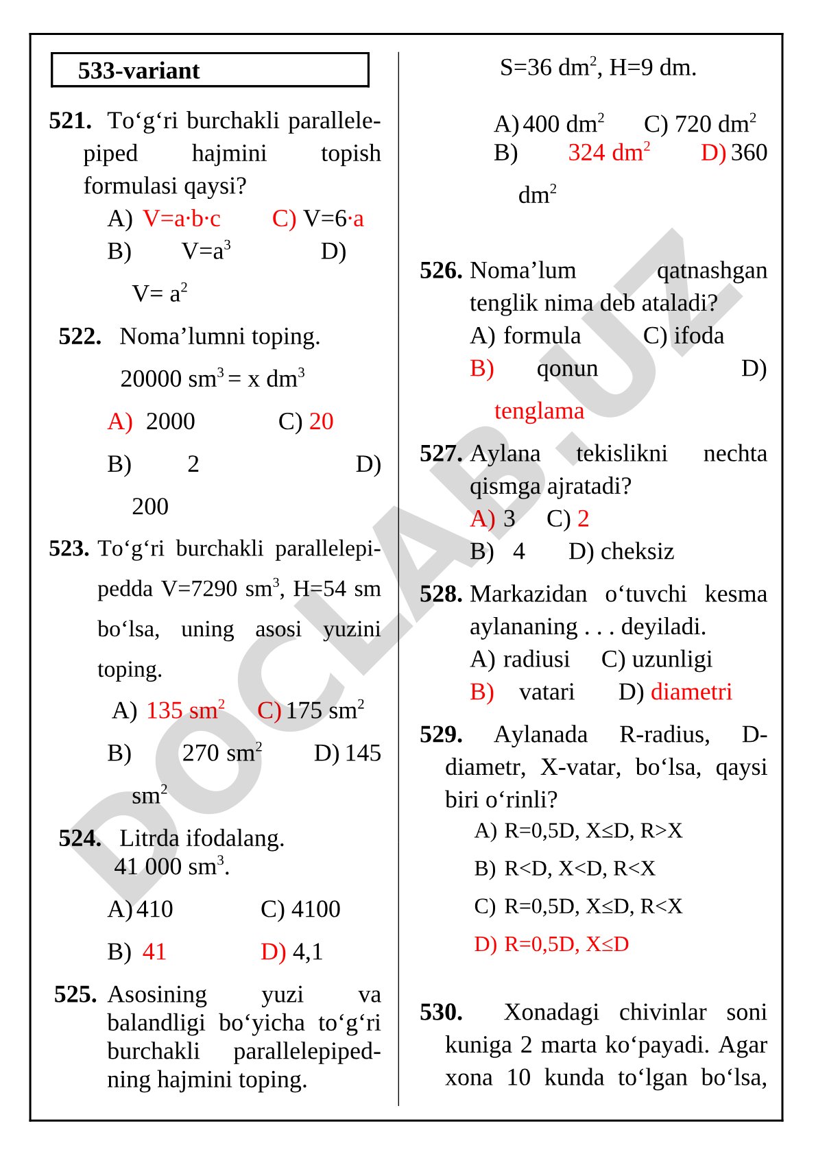 Parallelepiped va kub hajmi test savollari