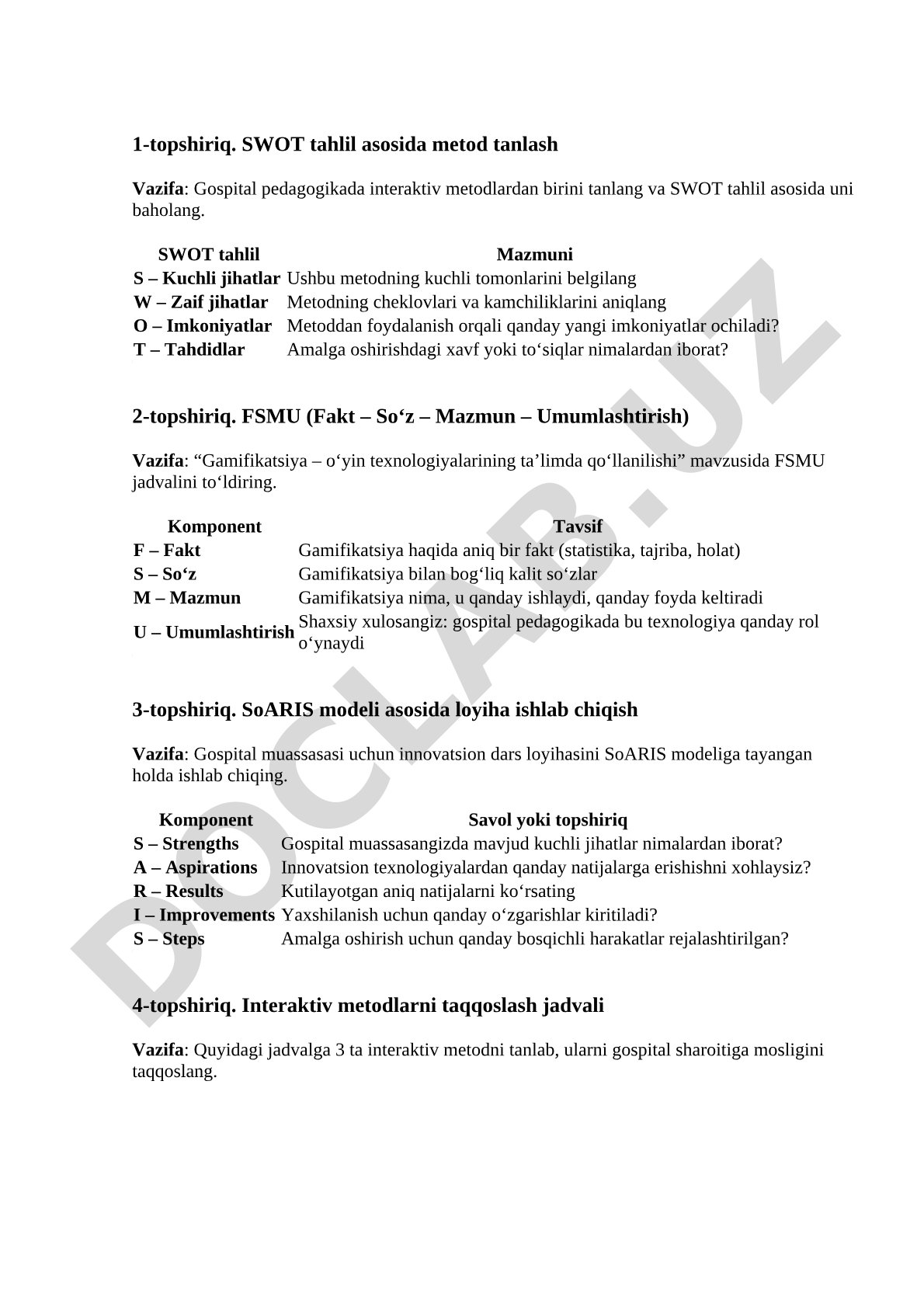 Gospital pedagogikada metod tanlash va loyiha ishlab chiqish