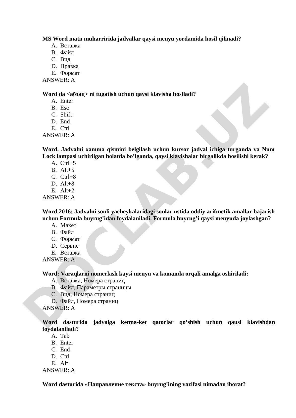 MS Word matn muharriri bo'yicha test savollari