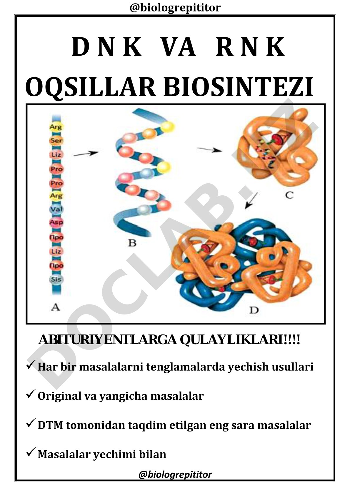 Oqsillar biosintezi bo'yicha masalalar to'plami