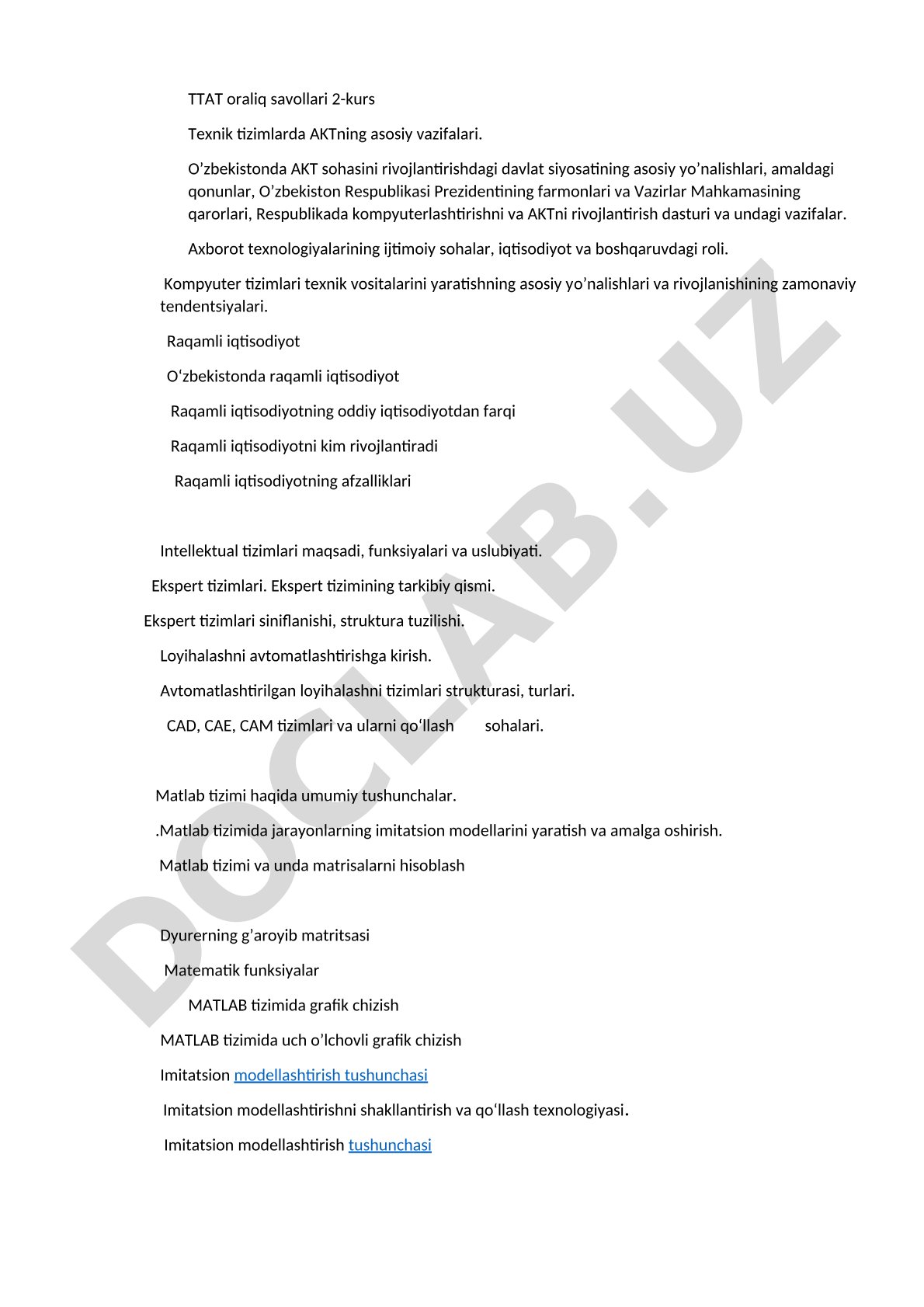 TTAT oraliq savollari 2-kurs Texnik tizimlarda AKTning asosiy vazifalari
