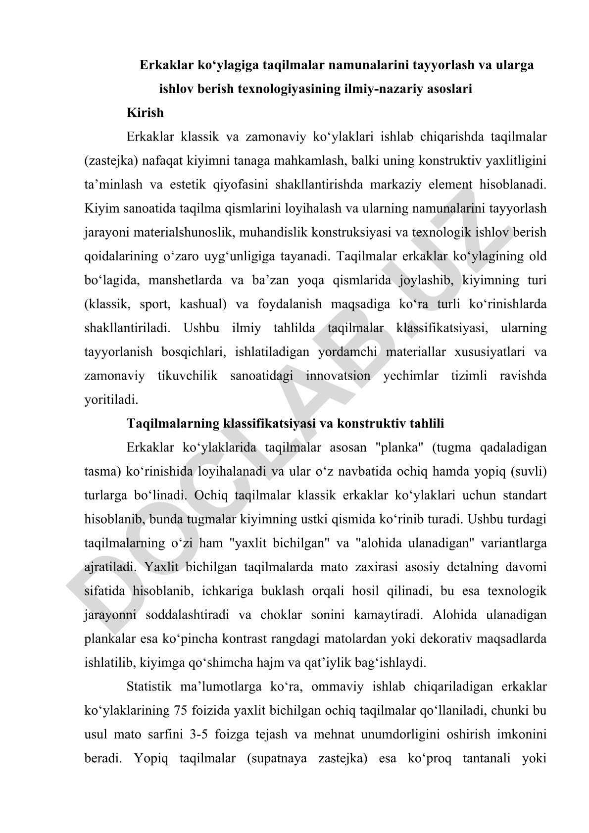 Erkaklar ko'ylagiga taqilmalar namunalarini tayyorlash va ishlov berish texnologiyasining ilmiy-nazariy asoslari