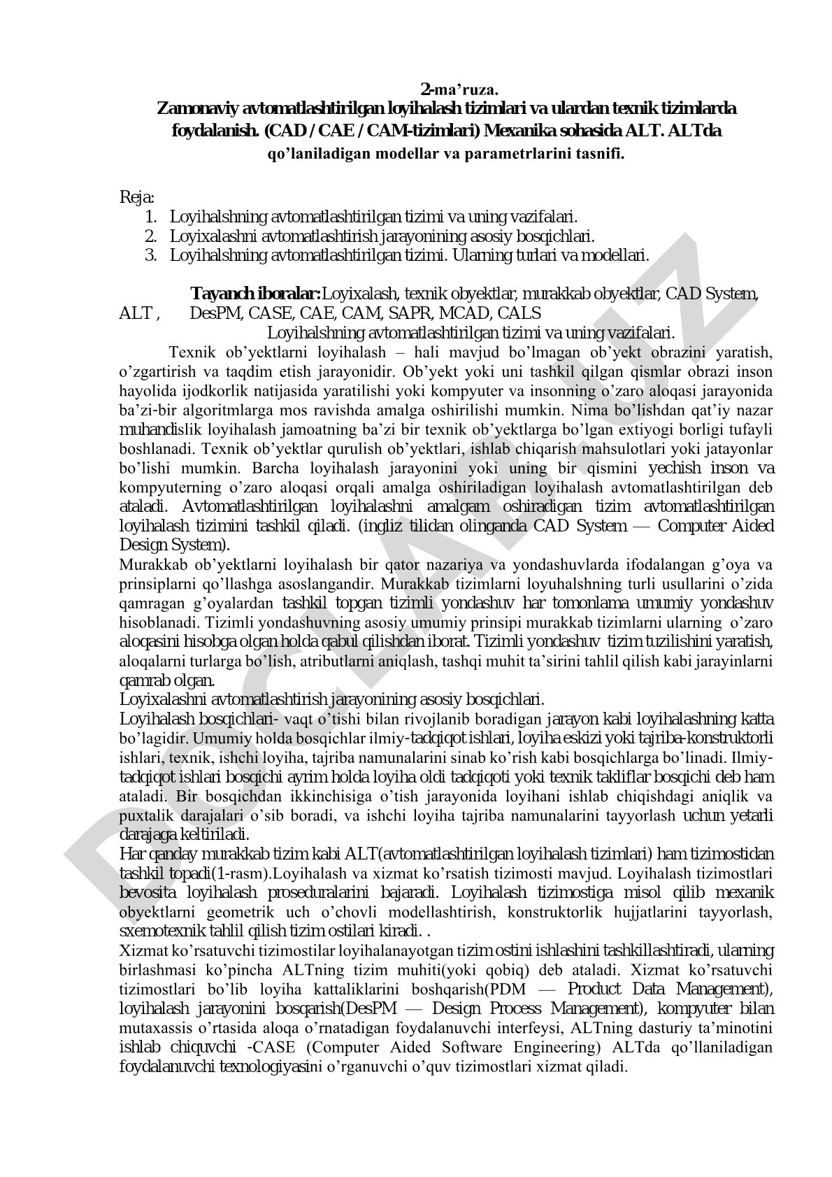 Zamonaviy avtomatlashtirilgan loyihalash tizimlari va ulardan texnik tizimlarda foydalanish (CAD/CAE/CAM)