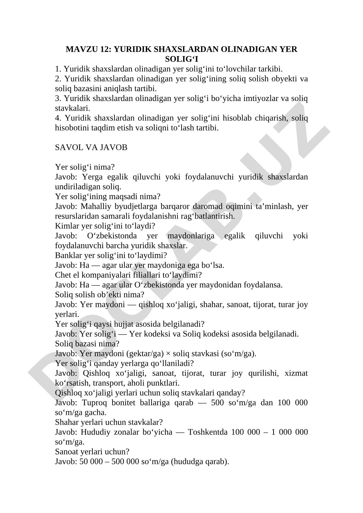 MAVZU 12: YURIDIK SHAXSLARDAN OLINADIGAN YER SOLIG‘I 1