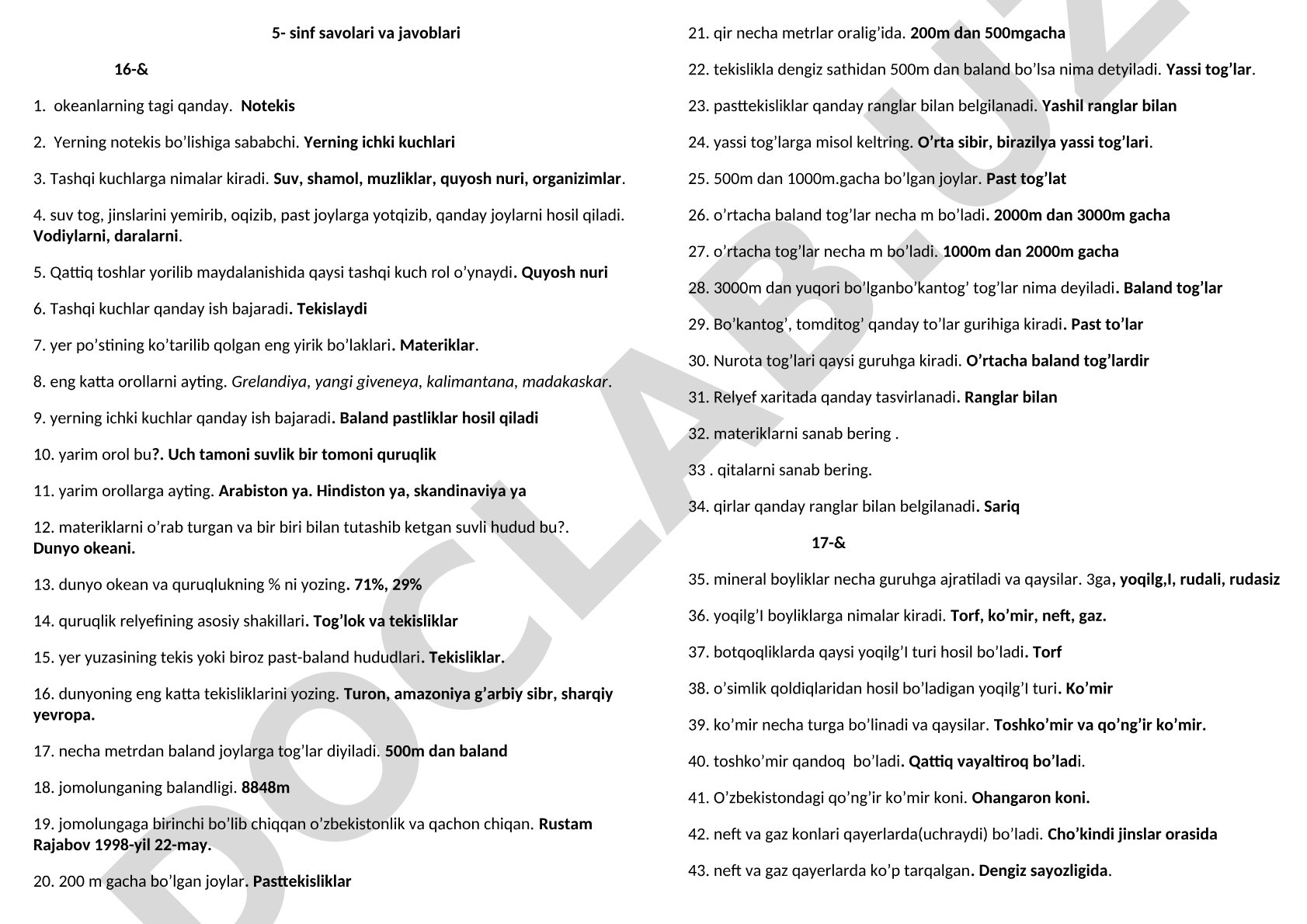 5-sinf geografiya savollari va javoblari