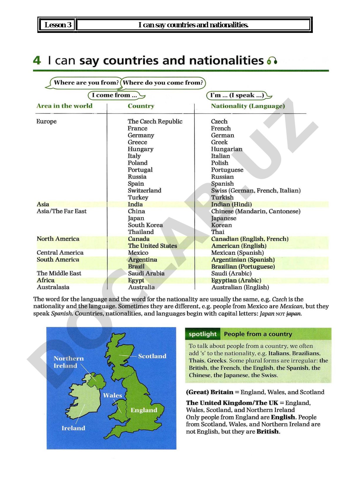 Countries and nationalities vocabulary and prepositions of place