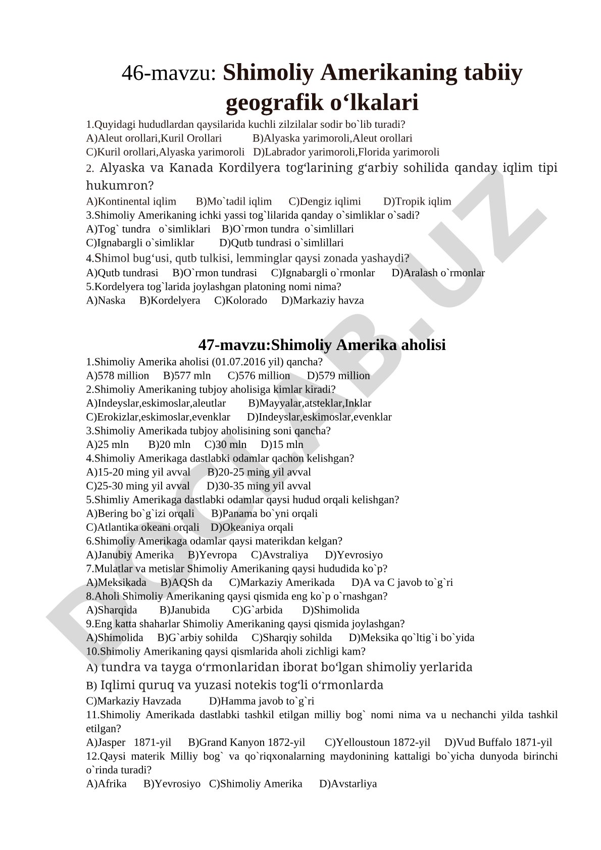 Shimoliy Amerikaning tabiiy geografik o‘lkalari va aholisi