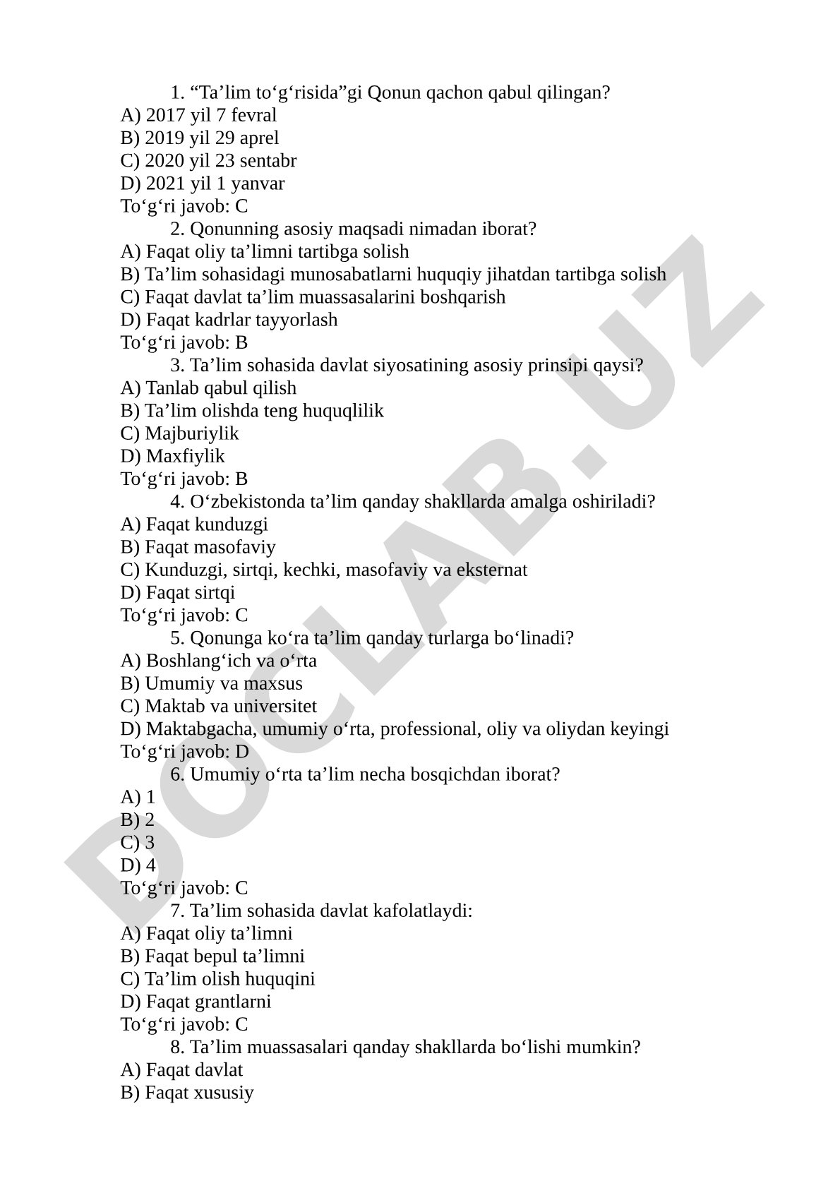 “Ta’lim to‘g‘risida”gi Qonun bo‘yicha test savollari
