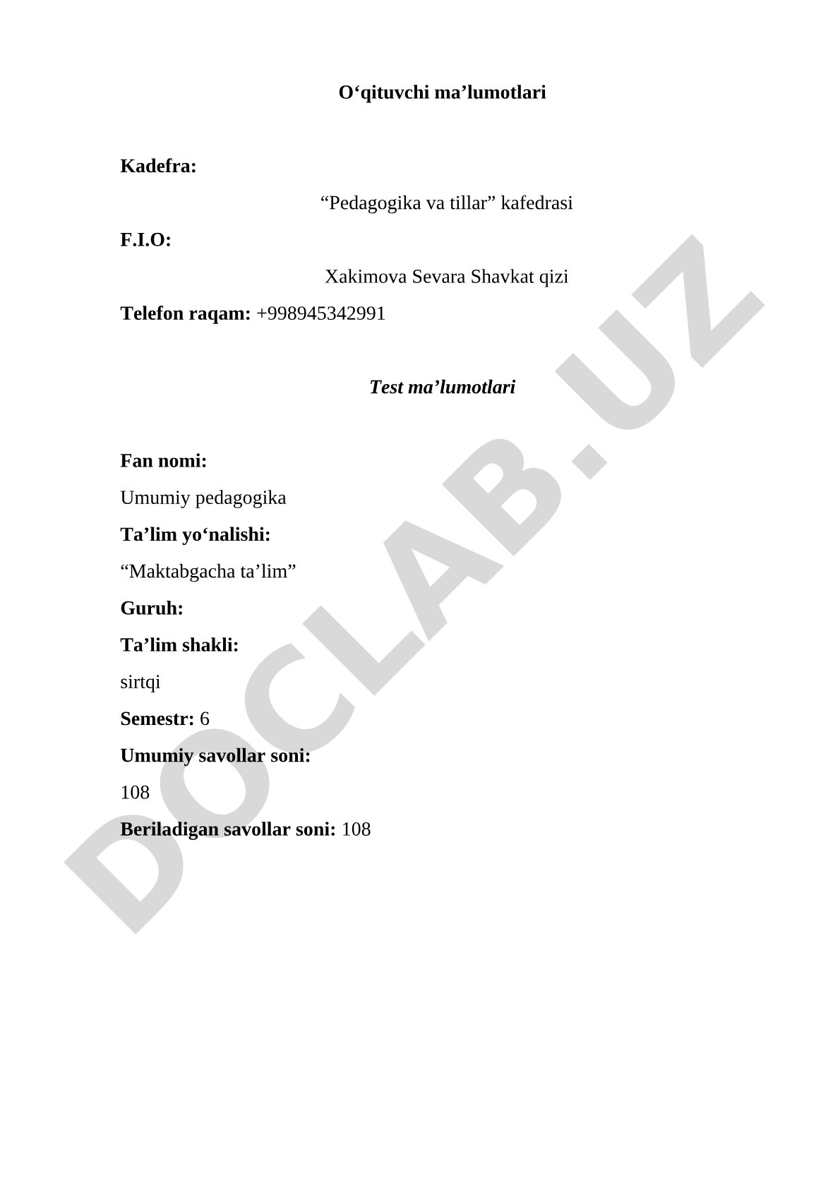 Umumiy pedagogika fanidan test savollari