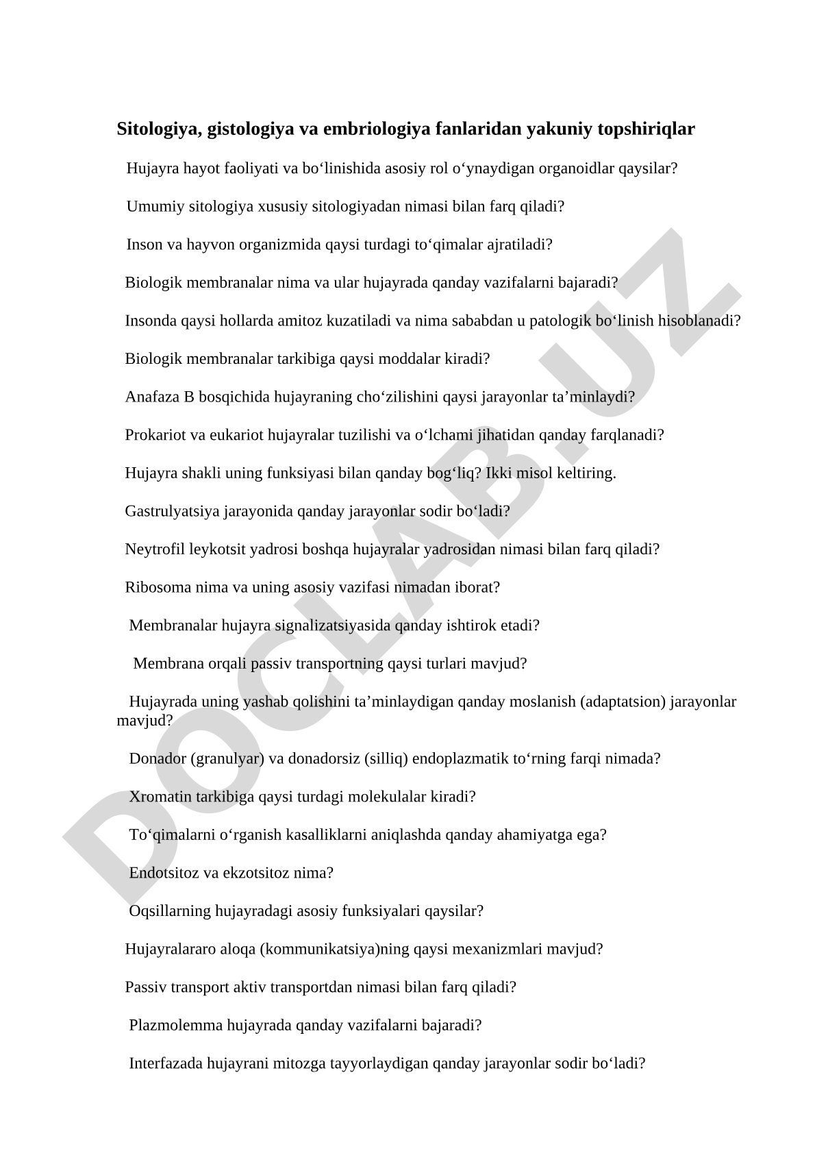 Sitologiya, gistologiya va embriologiya fanlaridan yakuniy topshiriqlar
