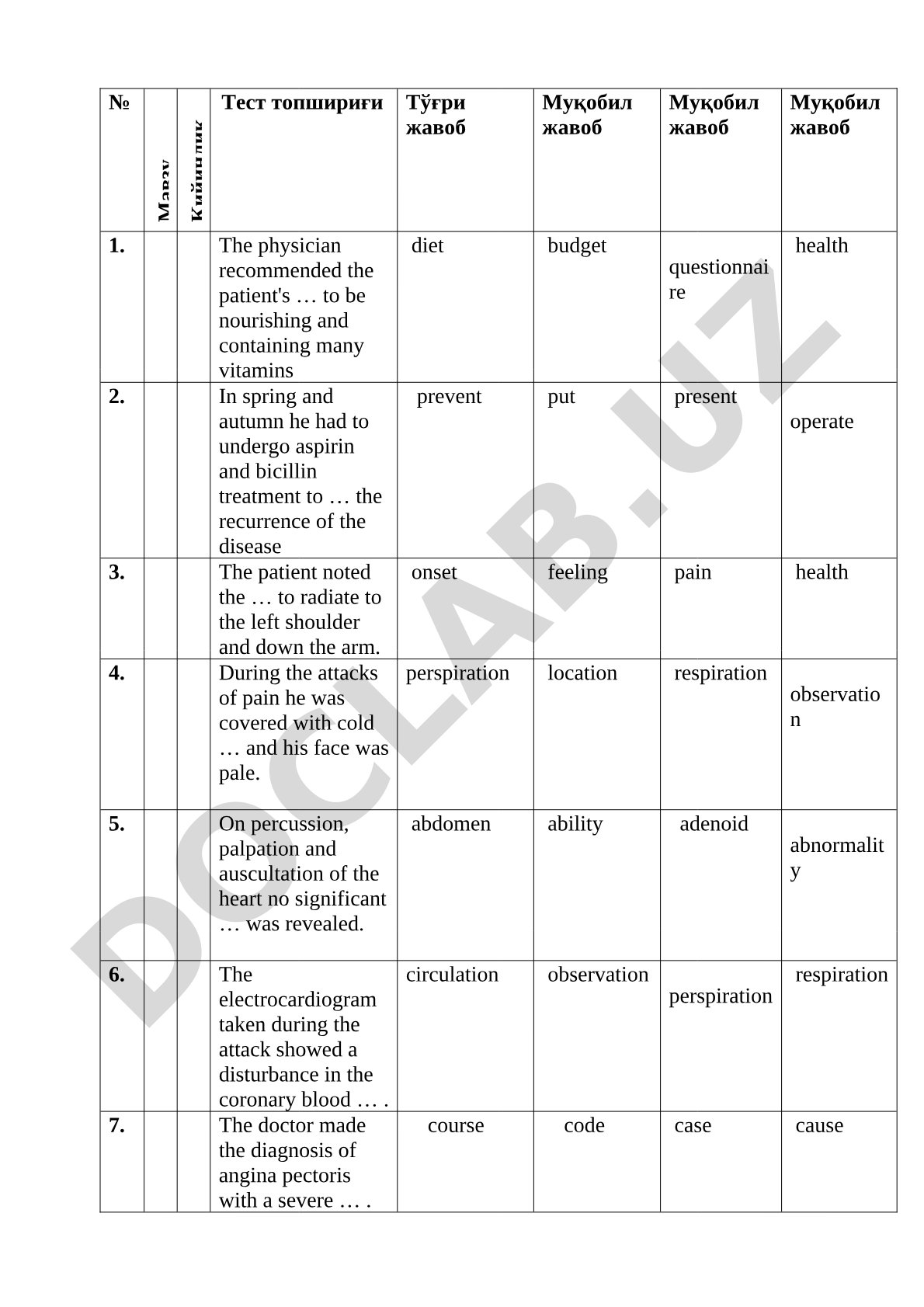 Medical English Test on Cardiological Terms