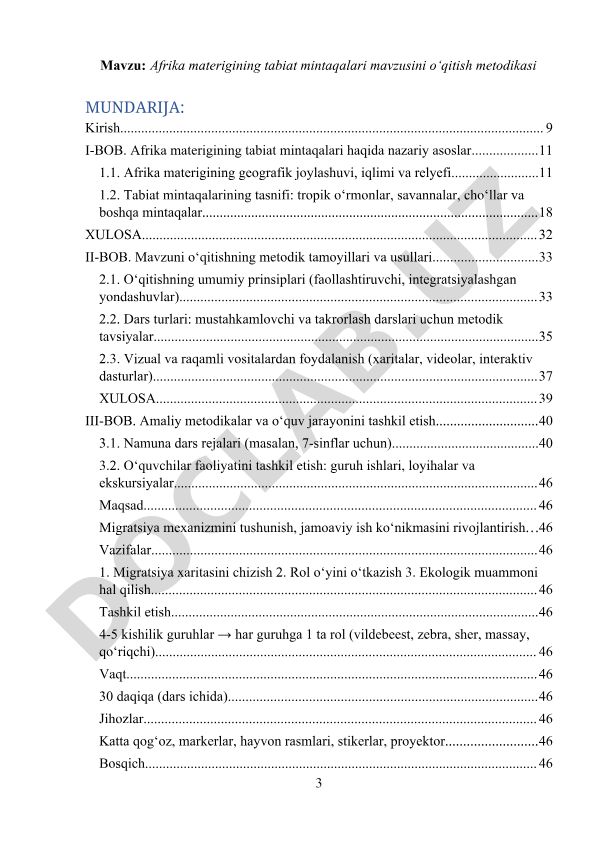 Afrika materigining tabiat mintaqalari mavzusini o‘qitish metodikasi