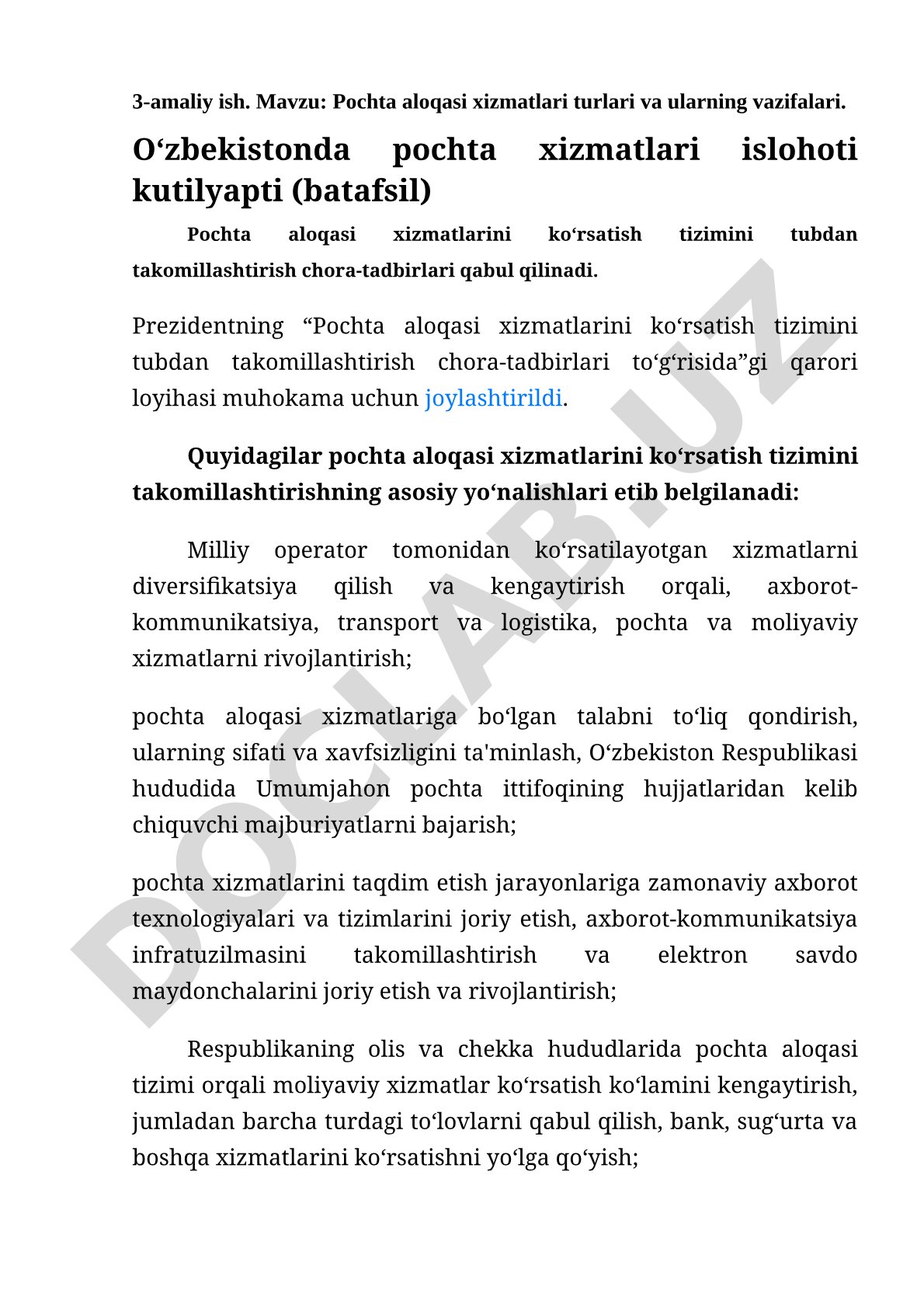 Pochta aloqasi xizmatlari turlari va ularning vazifalari