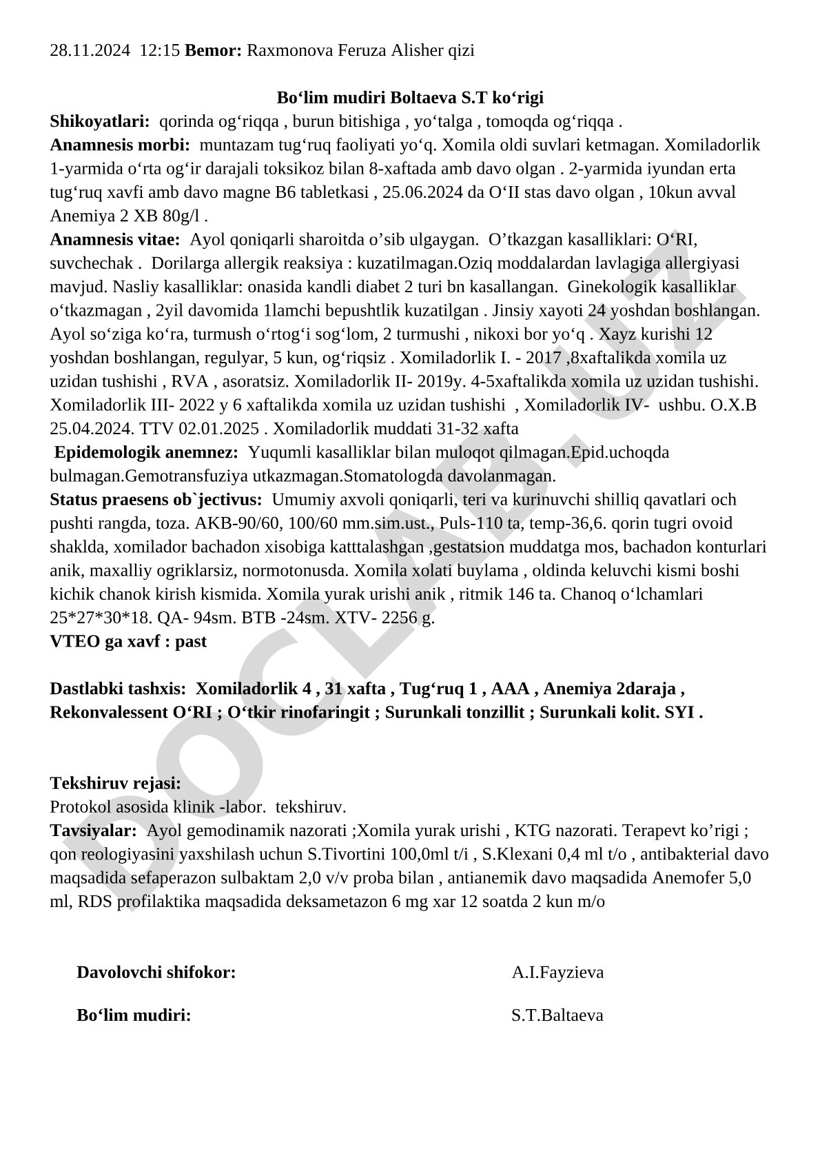Xomilador ayol bemorning tibbiy ko'rik va anamnez tahlili