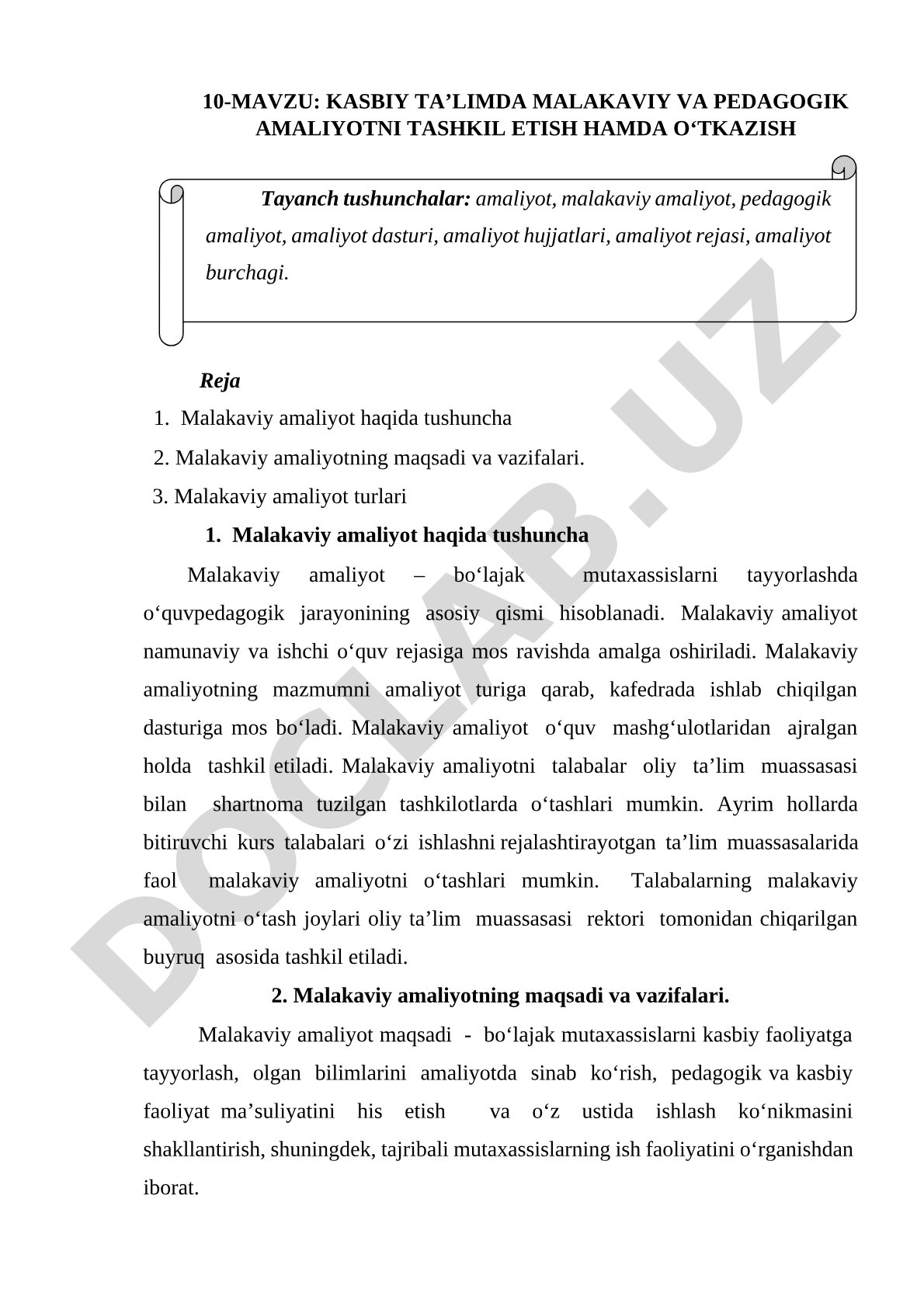 Kasbiy ta'limda malakaviy va pedagogik amaliyotni tashkil etish hamda o'tkazish
