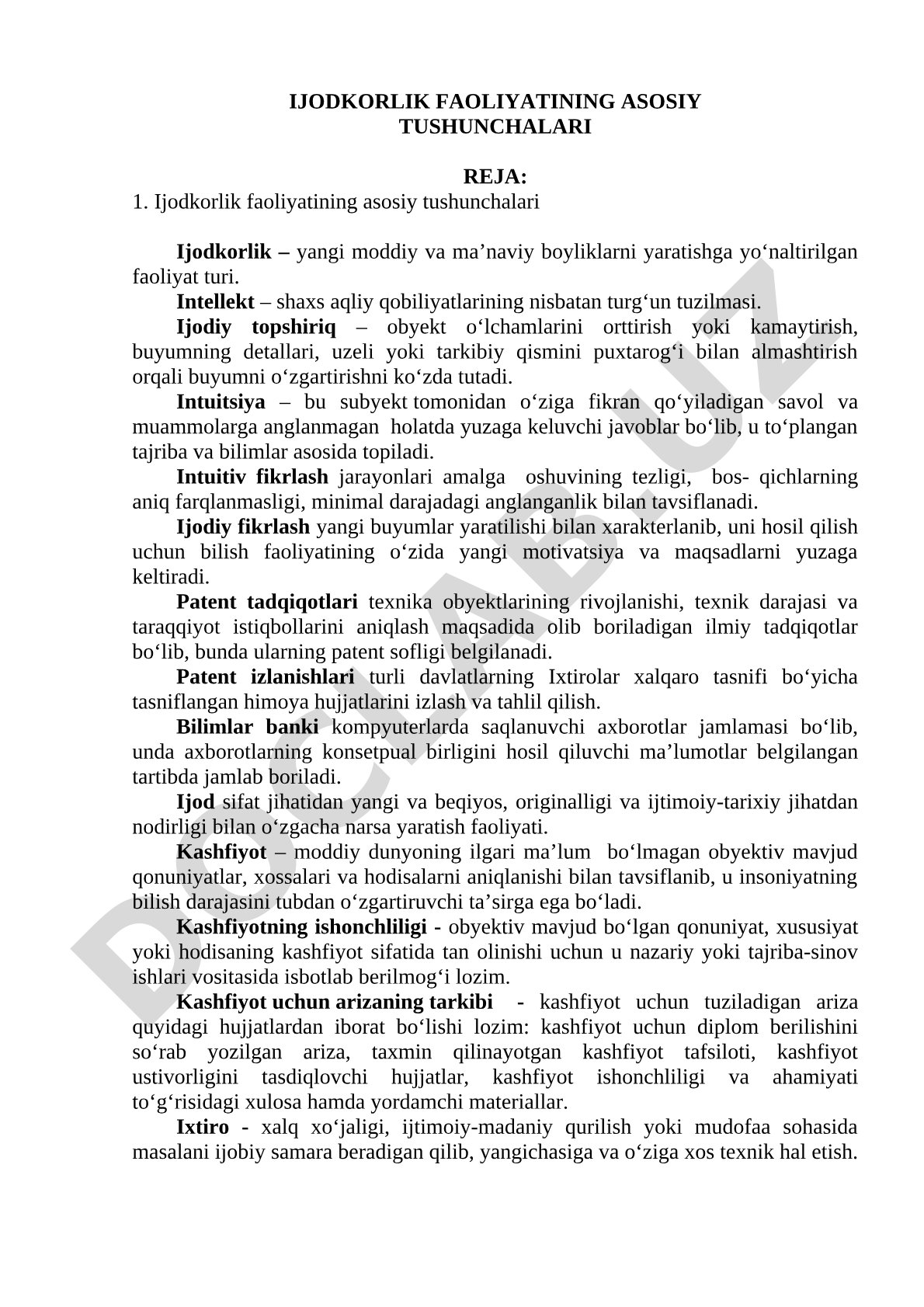 Ijodkorlik faoliyatining asosiy tushunchalari