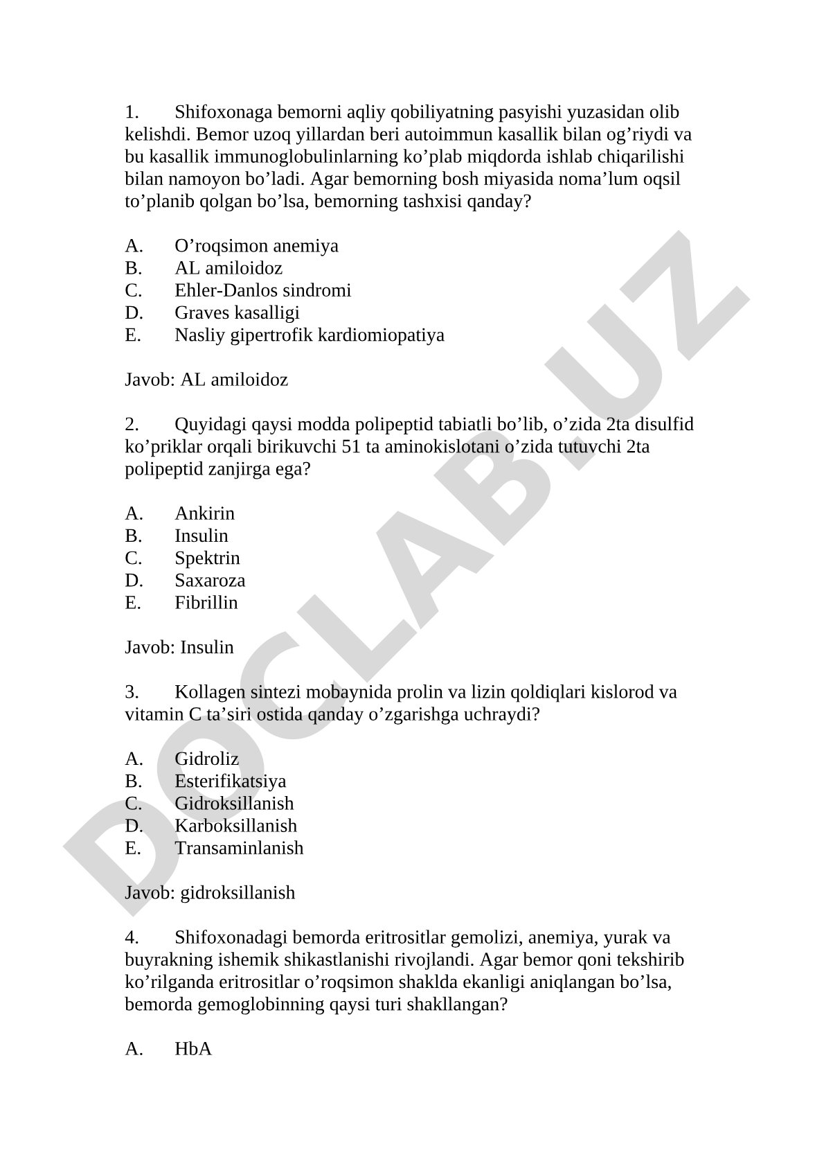 Autoimmun kasallik va gemoglobin haqidagi test savollari