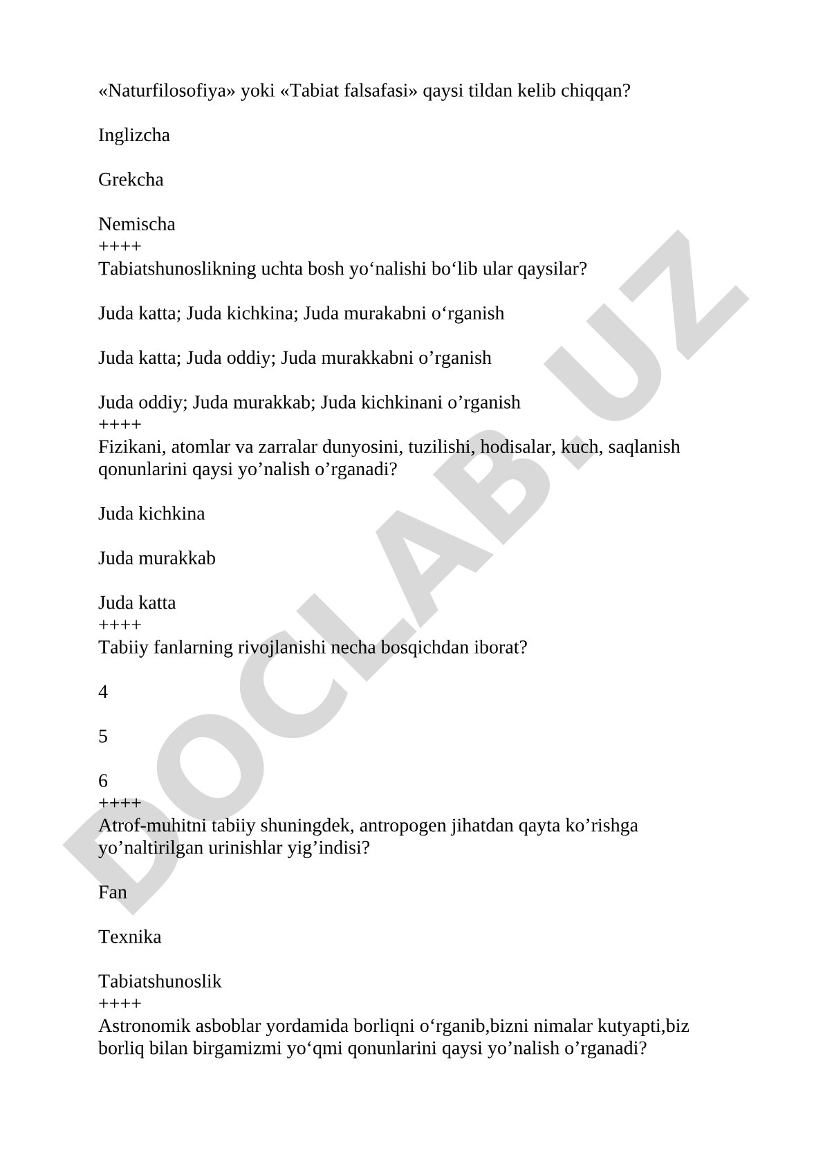 Tabiiy fanlar va naturfilosofiya bo'yicha test savollari