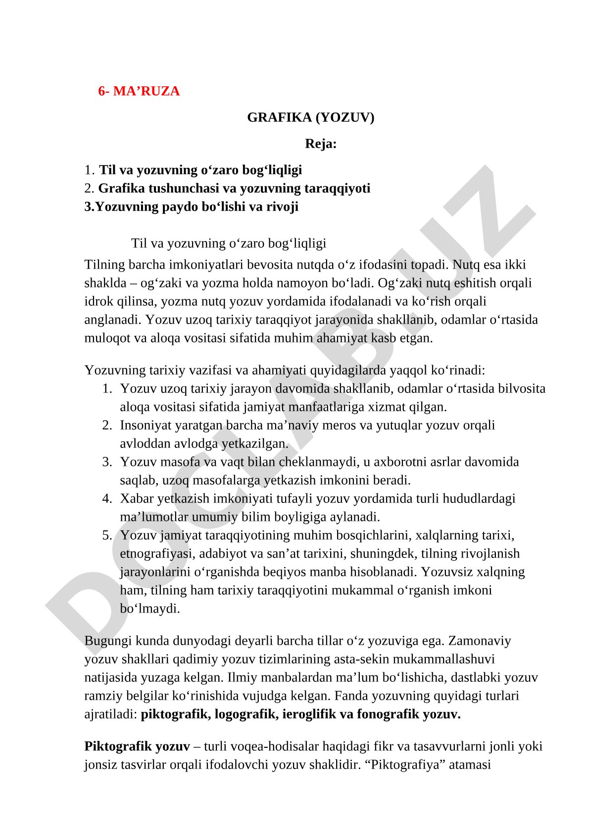 Grafika (yozuv) tushunchasi va yozuvning taraqqiyoti