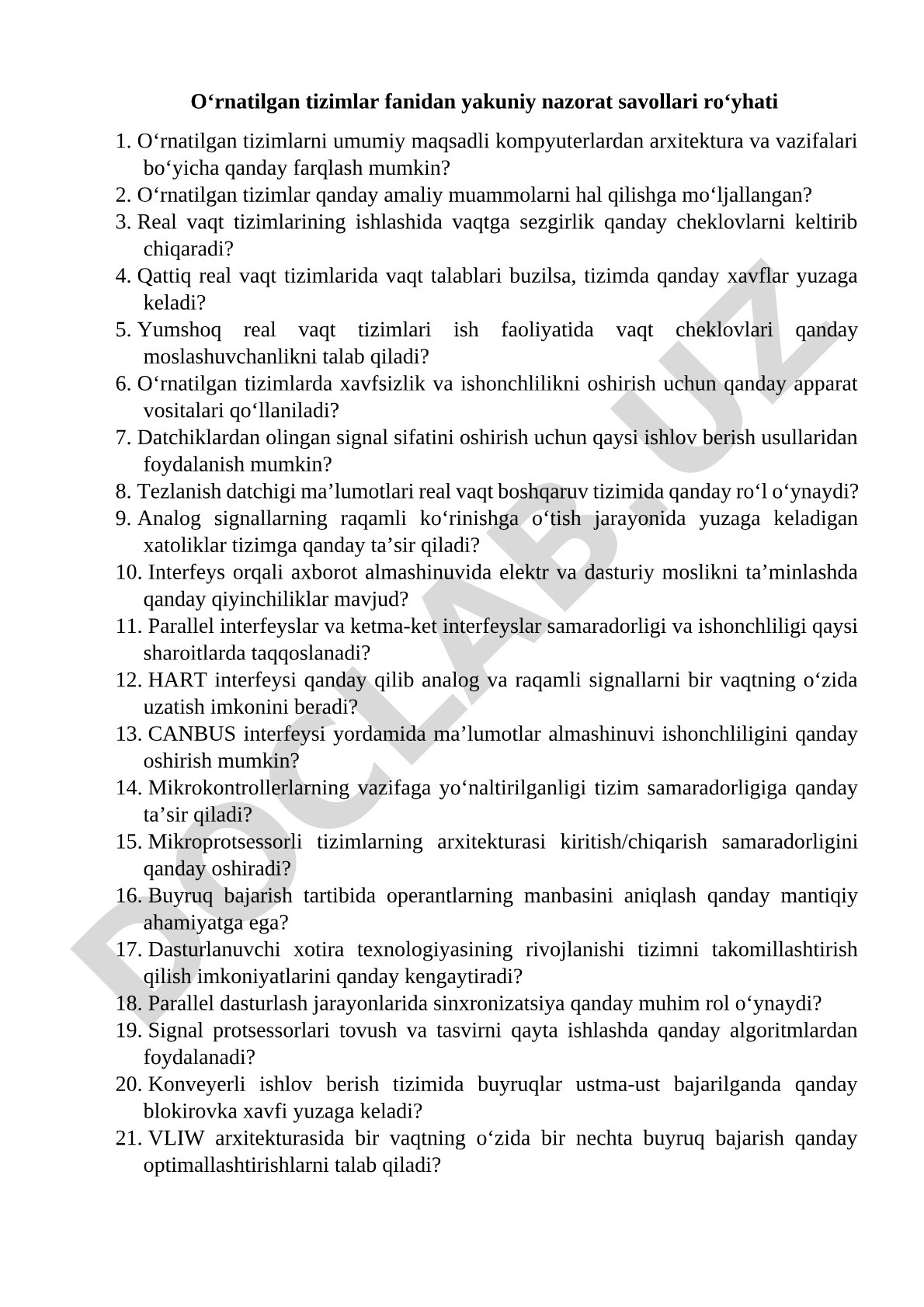 O‘rnatilgan tizimlar fanidan yakuniy nazorat savollari ro‘yhati