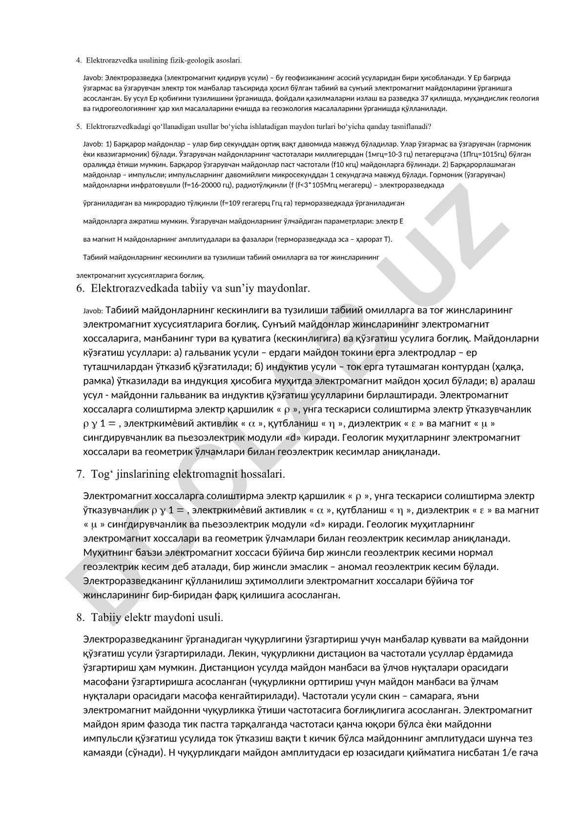 Elektrorazvedka usulining fizik-geologik asoslari va maydon turlari tasnifi