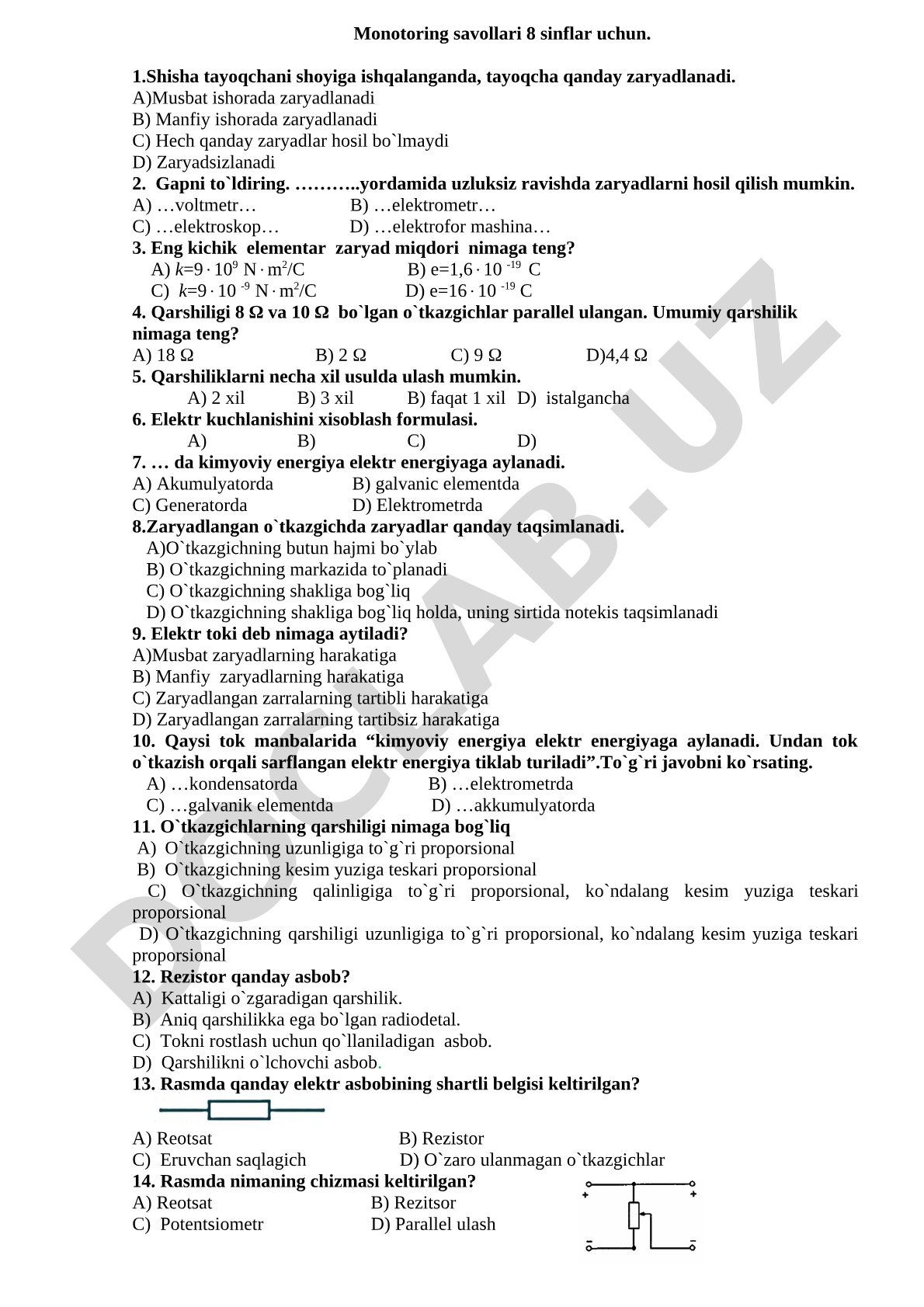 Monotoring savollari 8 sinflar uchun