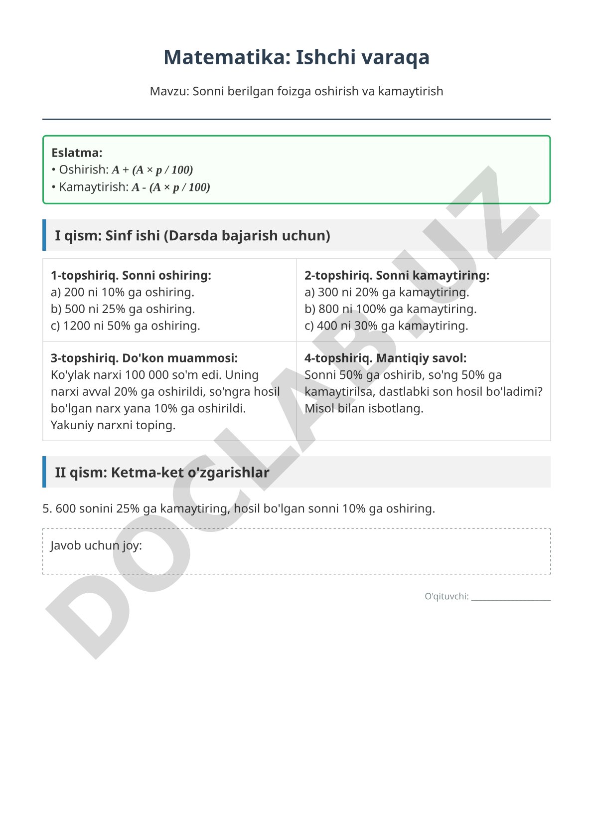 Sonni berilgan foizga oshirish va kamaytirish