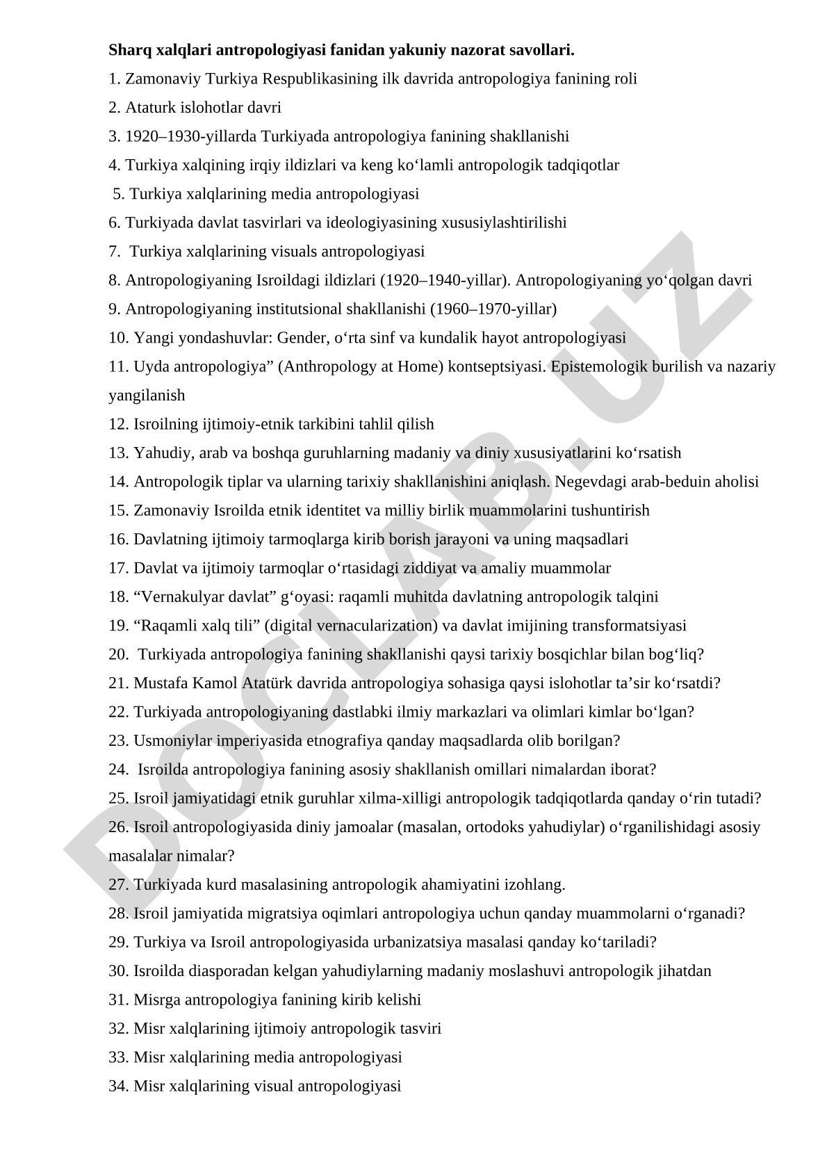 Sharq xalqlari antropologiyasi fanidan yakuniy nazorat savollari