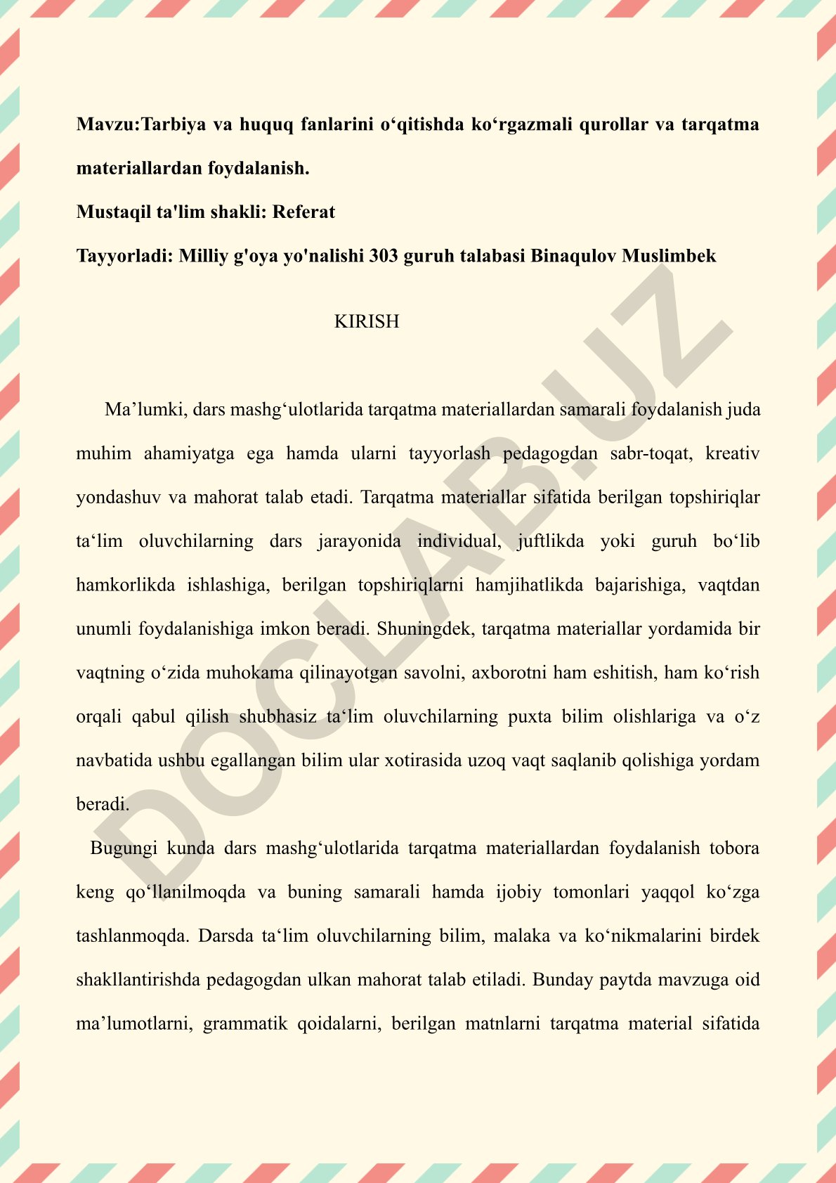 Tarbiya va huquq fanlarini o‘qitishda kо‘rgazmali qurollar va tarqatma materiallardan foydalanish