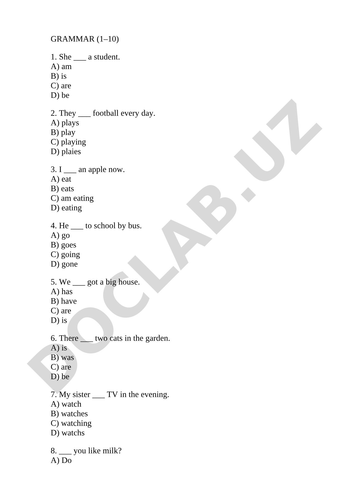 English Grammar Vocabulary and Reading Test