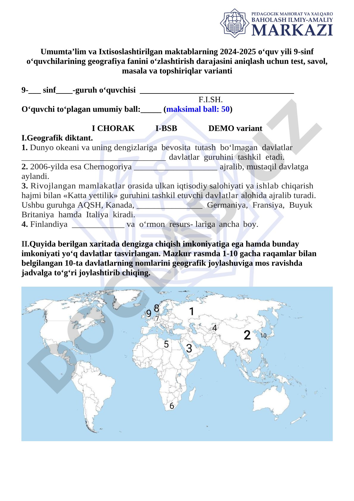 Geografiya fanidan 9-sinf I-chorak BSB demo varianti