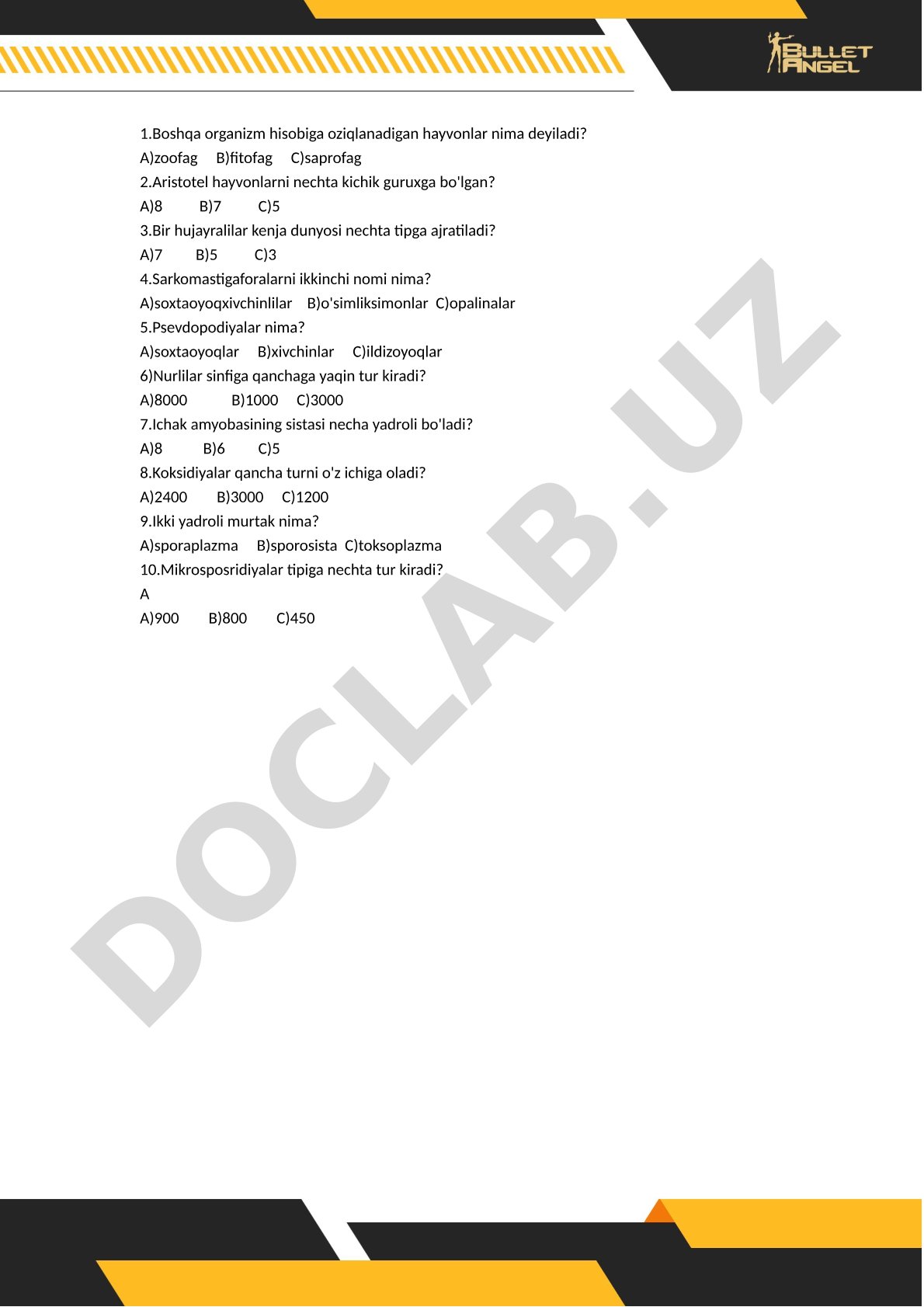 Zoologiyadan test savollari