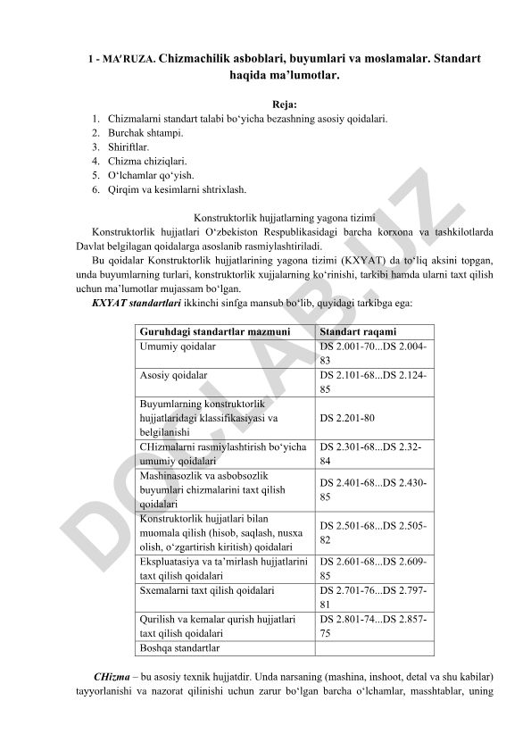 Chizmachilik asboblari, buyumlari va moslamalar. Standart haqida ma’lumotlar