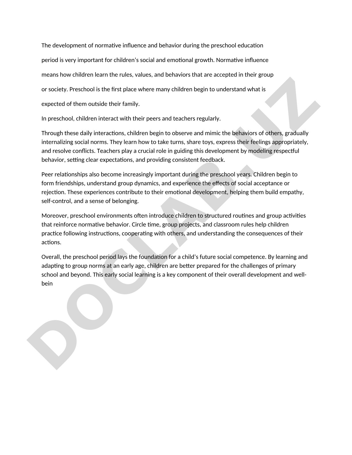 Development of normative influence and behavior in preschool education