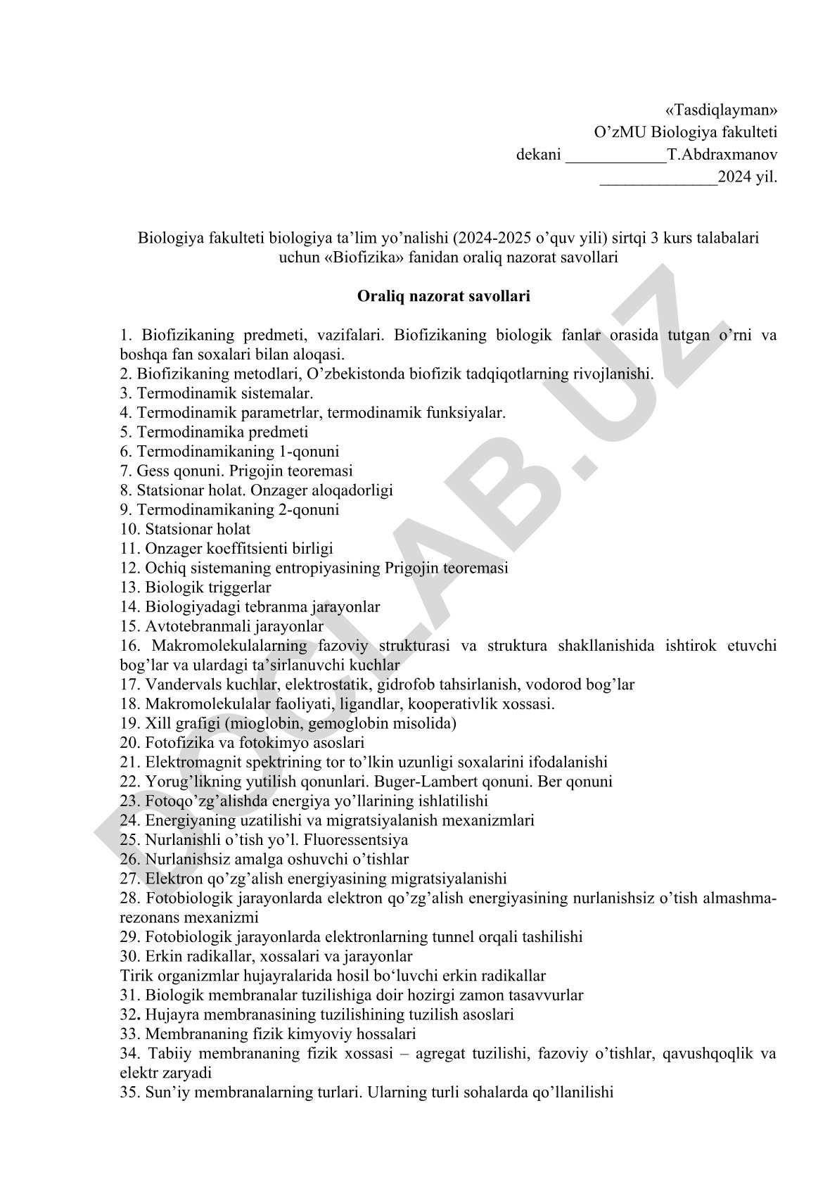 Biofizika fanidan oraliq nazorat savollari