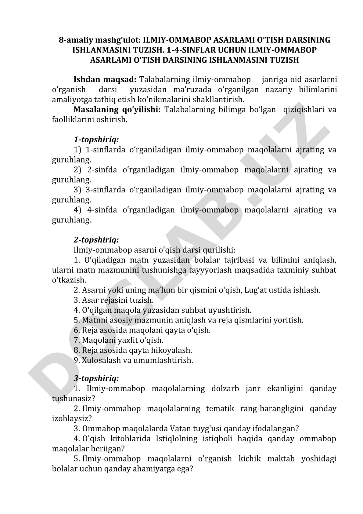 1-4-Sinflar uchun ilmiy-ommabop asarlami o‘tish darsining ishlanmasini tuzish