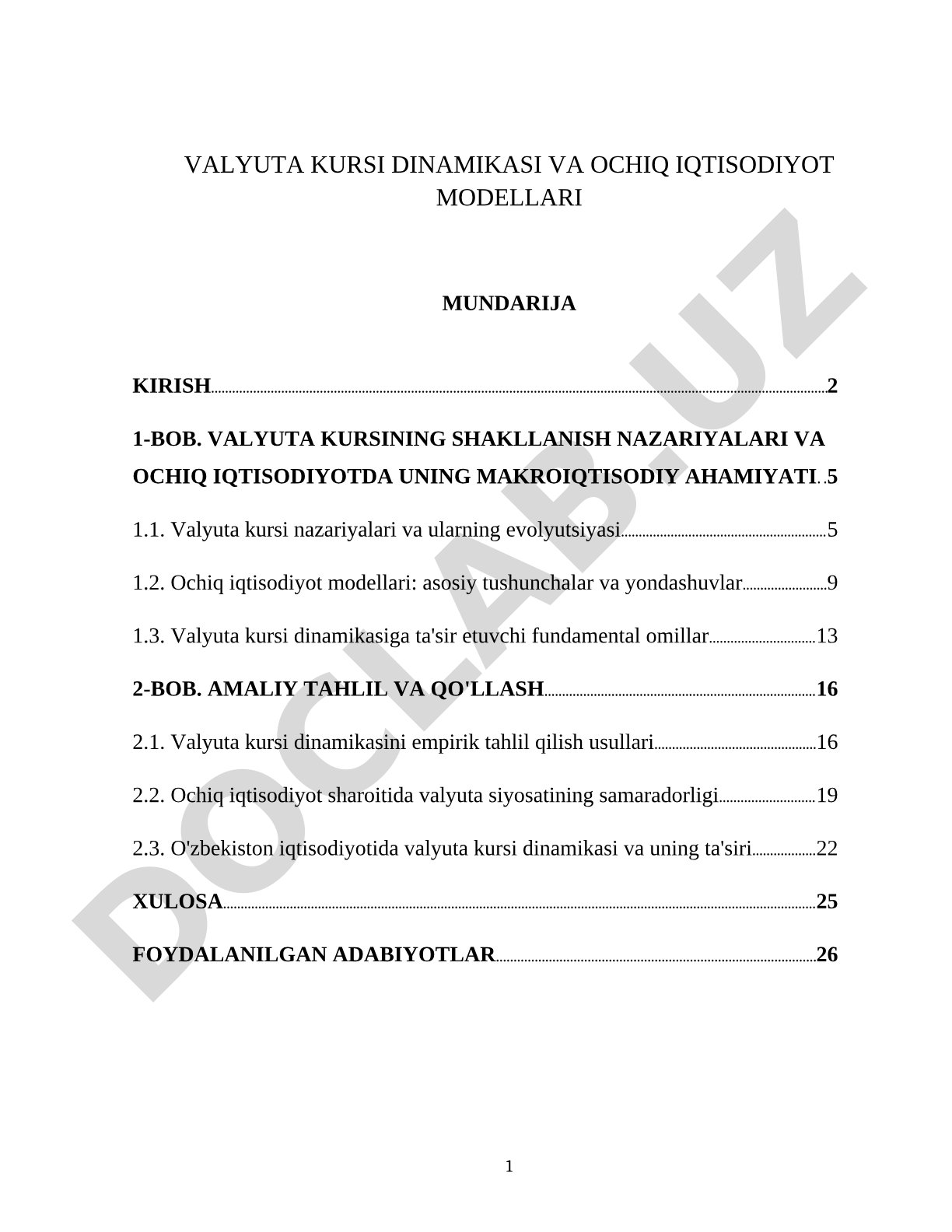 Valyuta kursi dinamikasi va ochiq iqtisodiyot modellari
