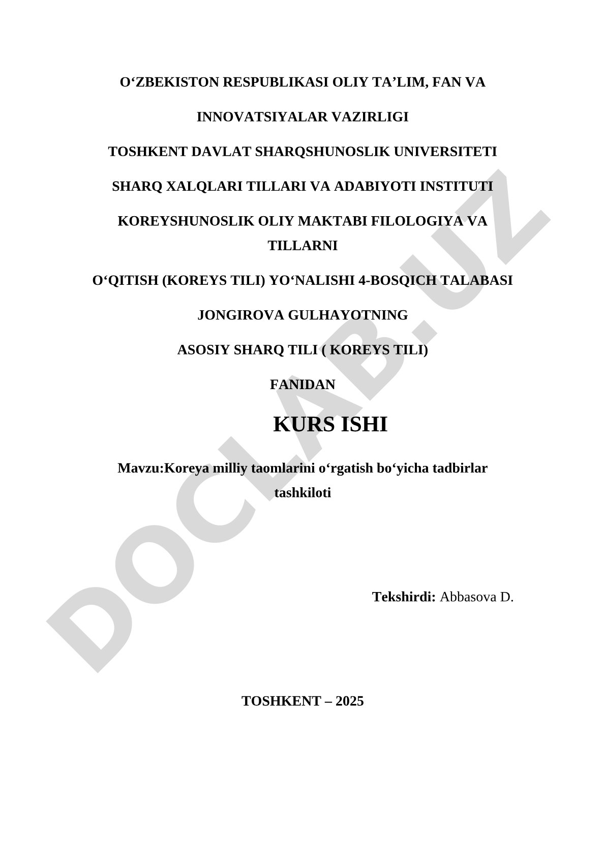 Koreya milliy taomlarini o‘rgatish bo‘yicha tadbirlar tashkiloti