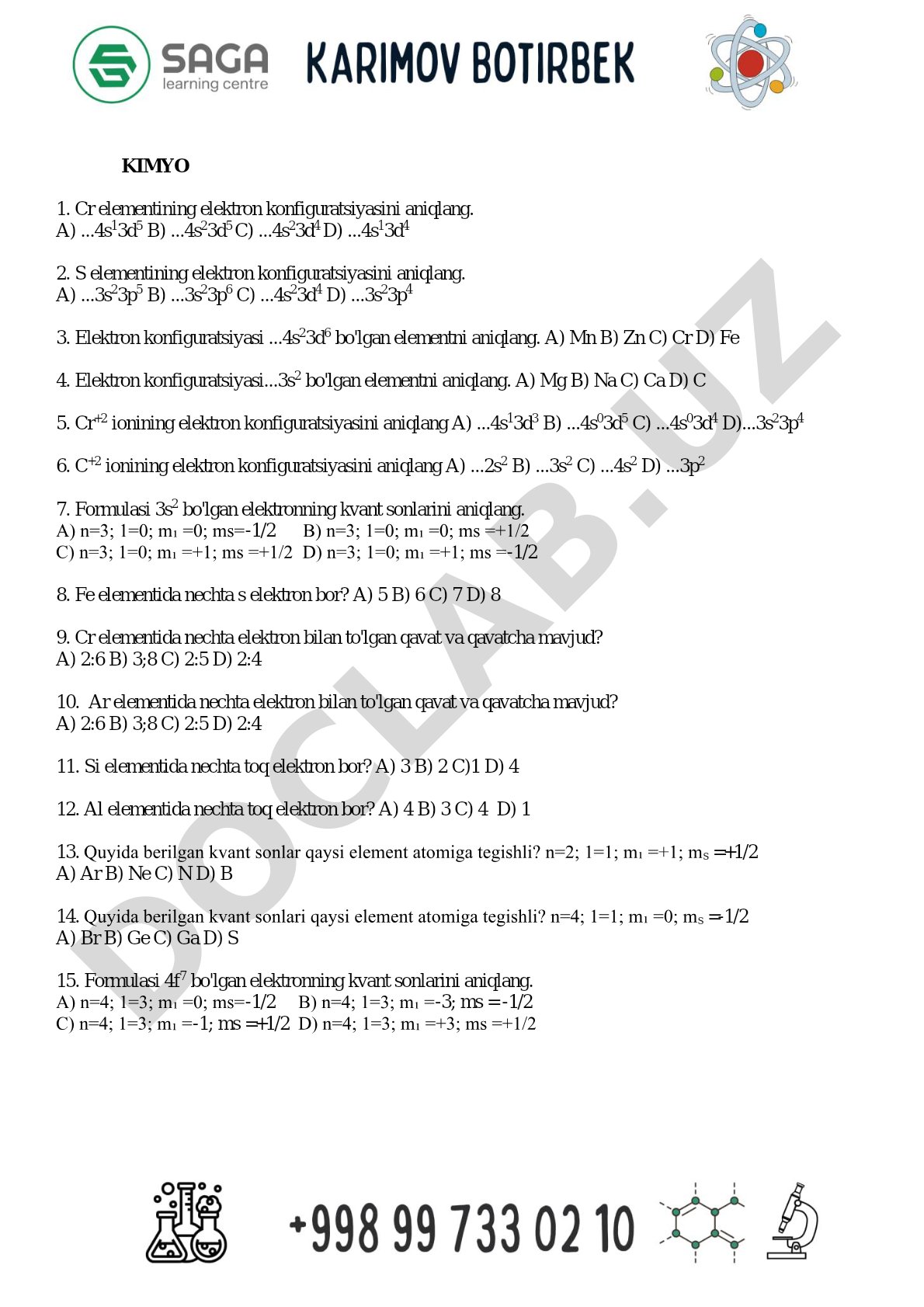 Kimyodan elektron konfiguratsiya test savollari