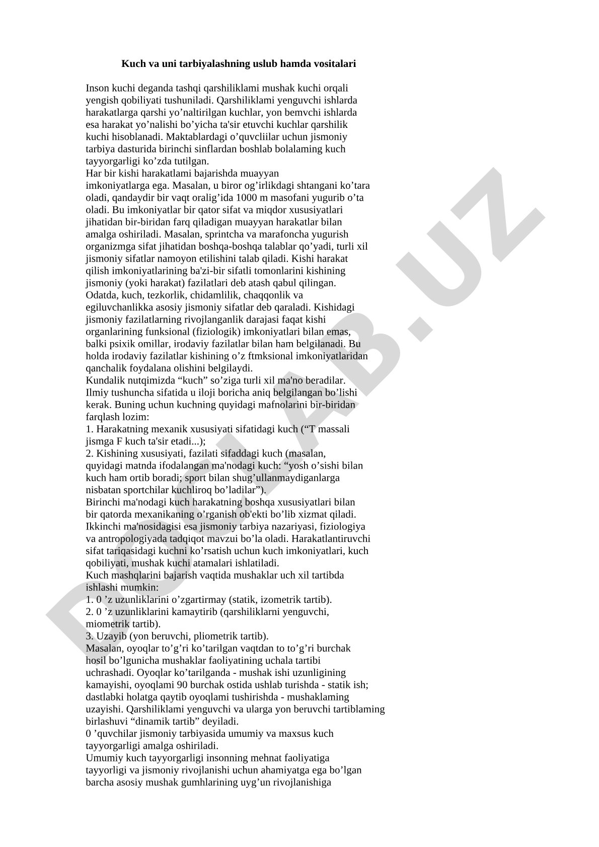 Kuch va uni tarbiyalashning uslub hamda vositalari