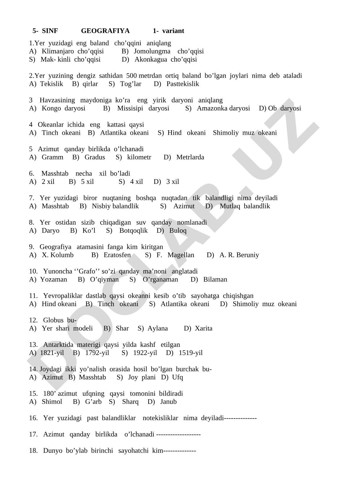 5-sinf geografiya fanidan 1-variant test savollari