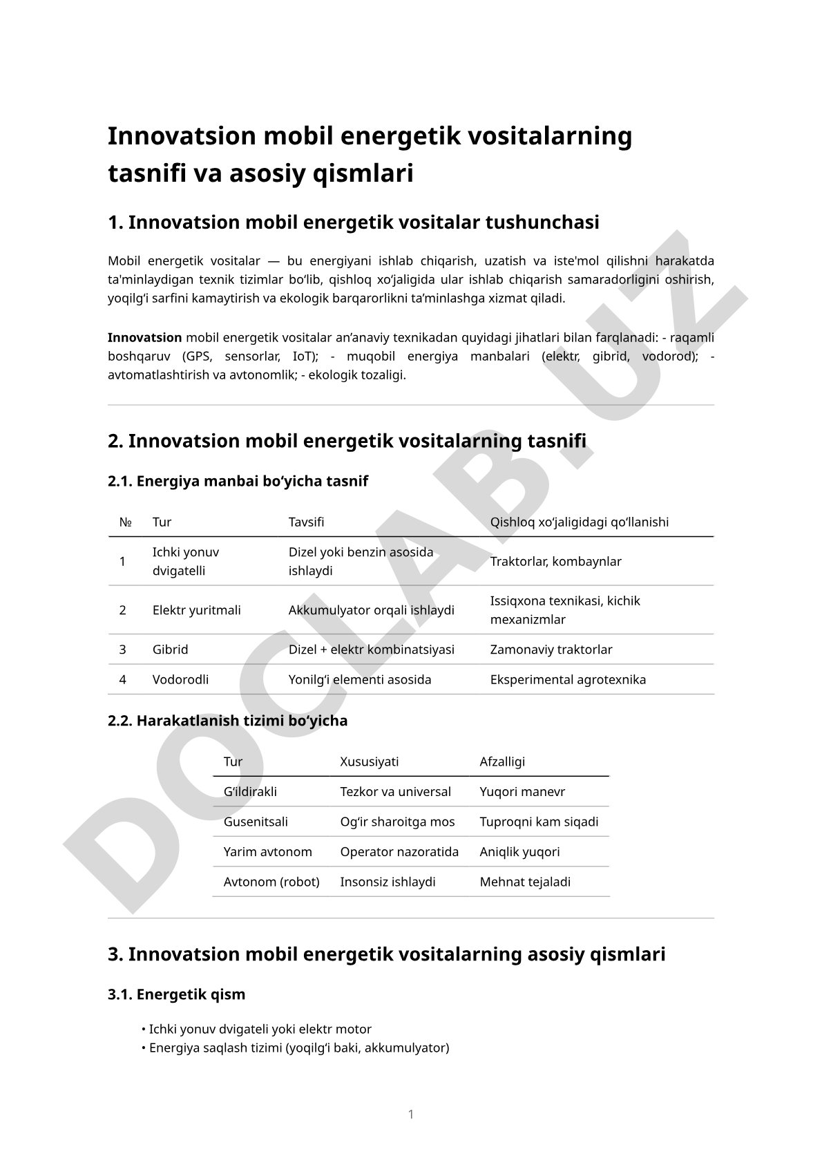 Innovatsion mobil energetik vositalarning tasnifi va asosiy qismlari